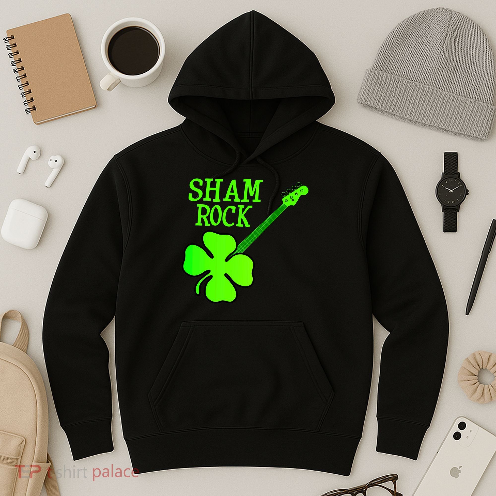 Shamrock Rocks Guitar Irish Clover Hoodie