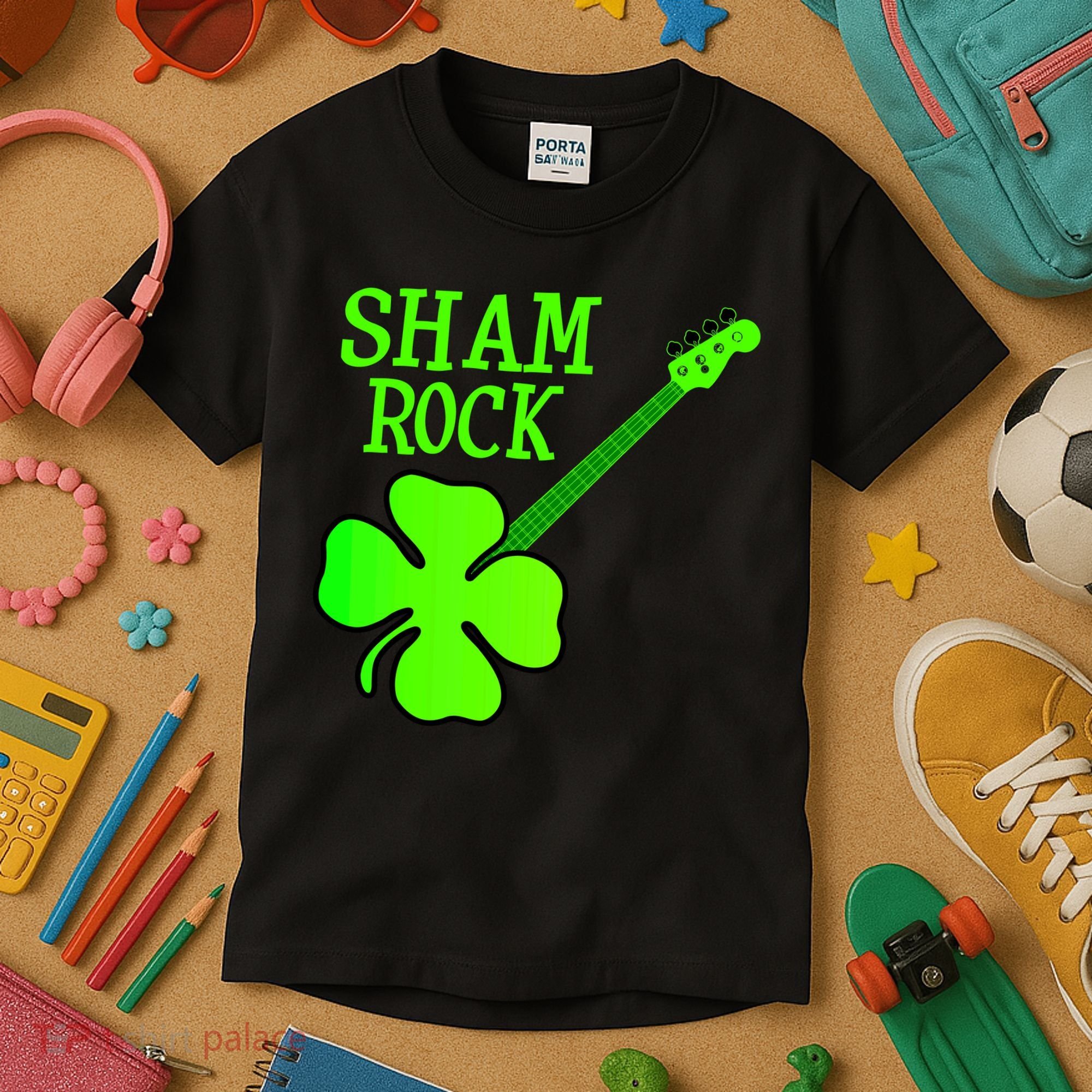 Shamrock Rocks Guitar Irish Clover Kids T-Shirt