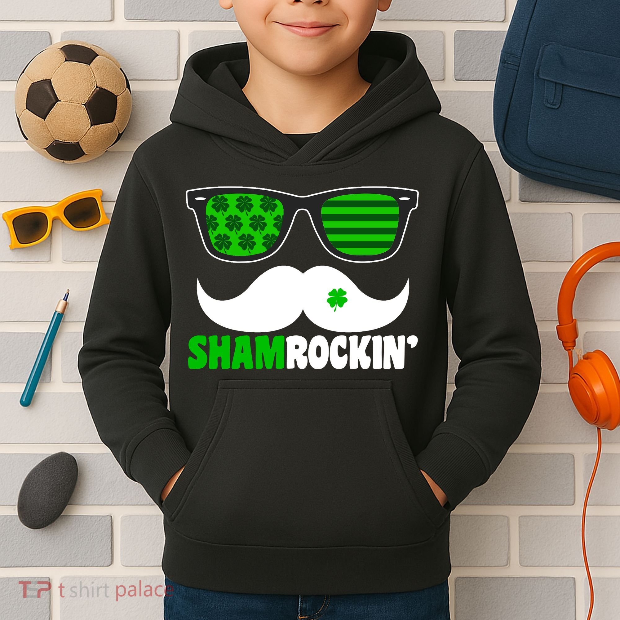 Shamrockin' Mustach Glasses Shamrock Kids Hoodie