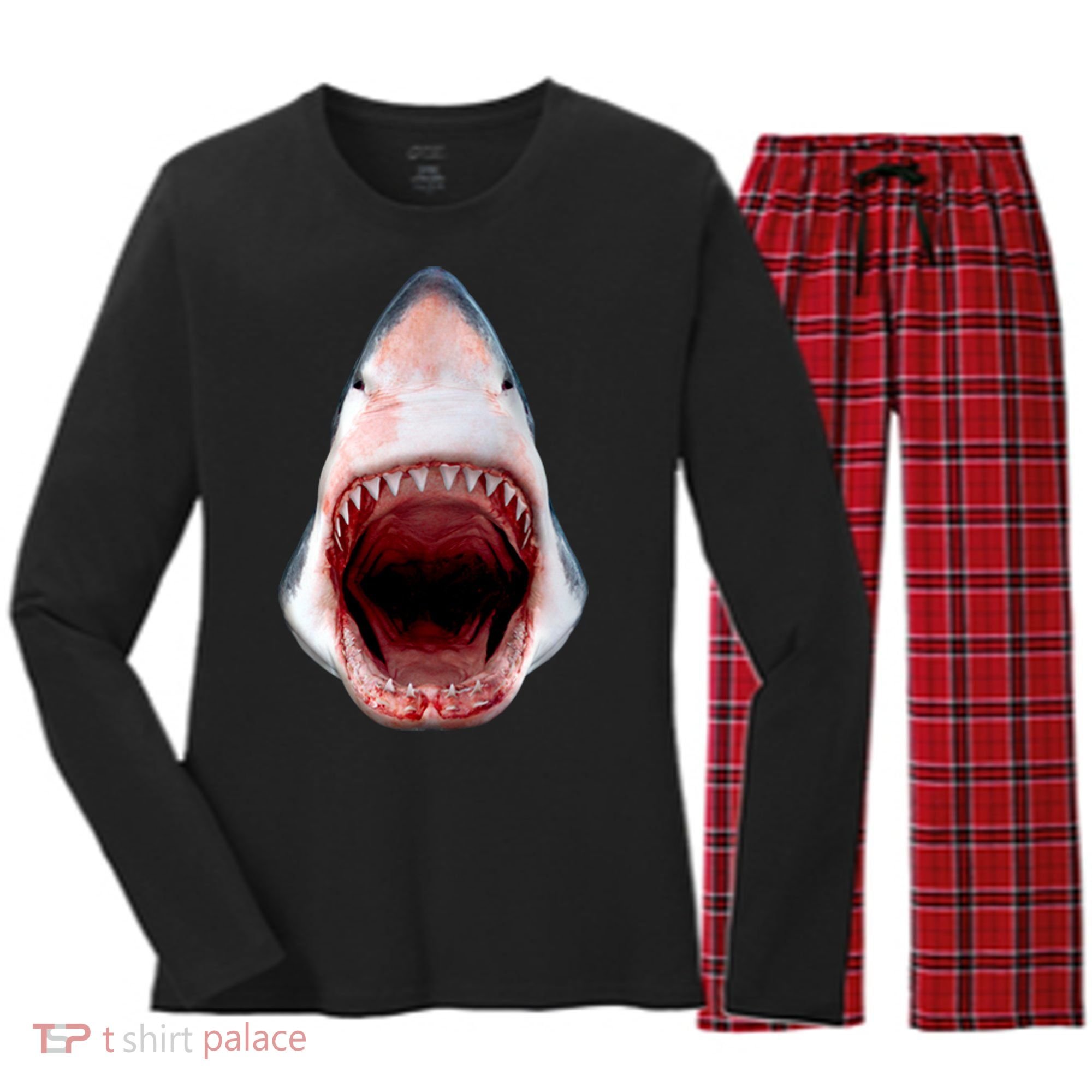 Shark Bite Close Up 3D Women's Long Sleeve Flannel Pajama Set 