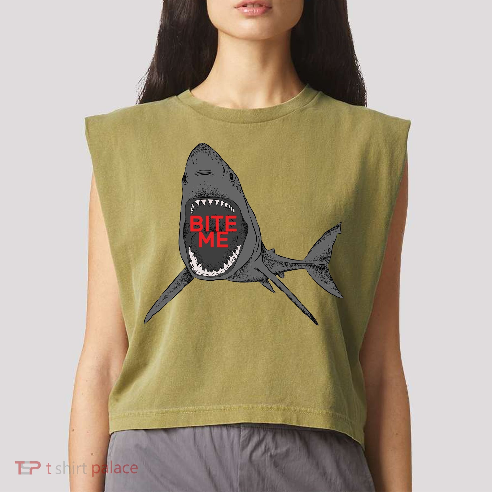 Shark Bite Me Garment-Dyed Women's Muscle Tee