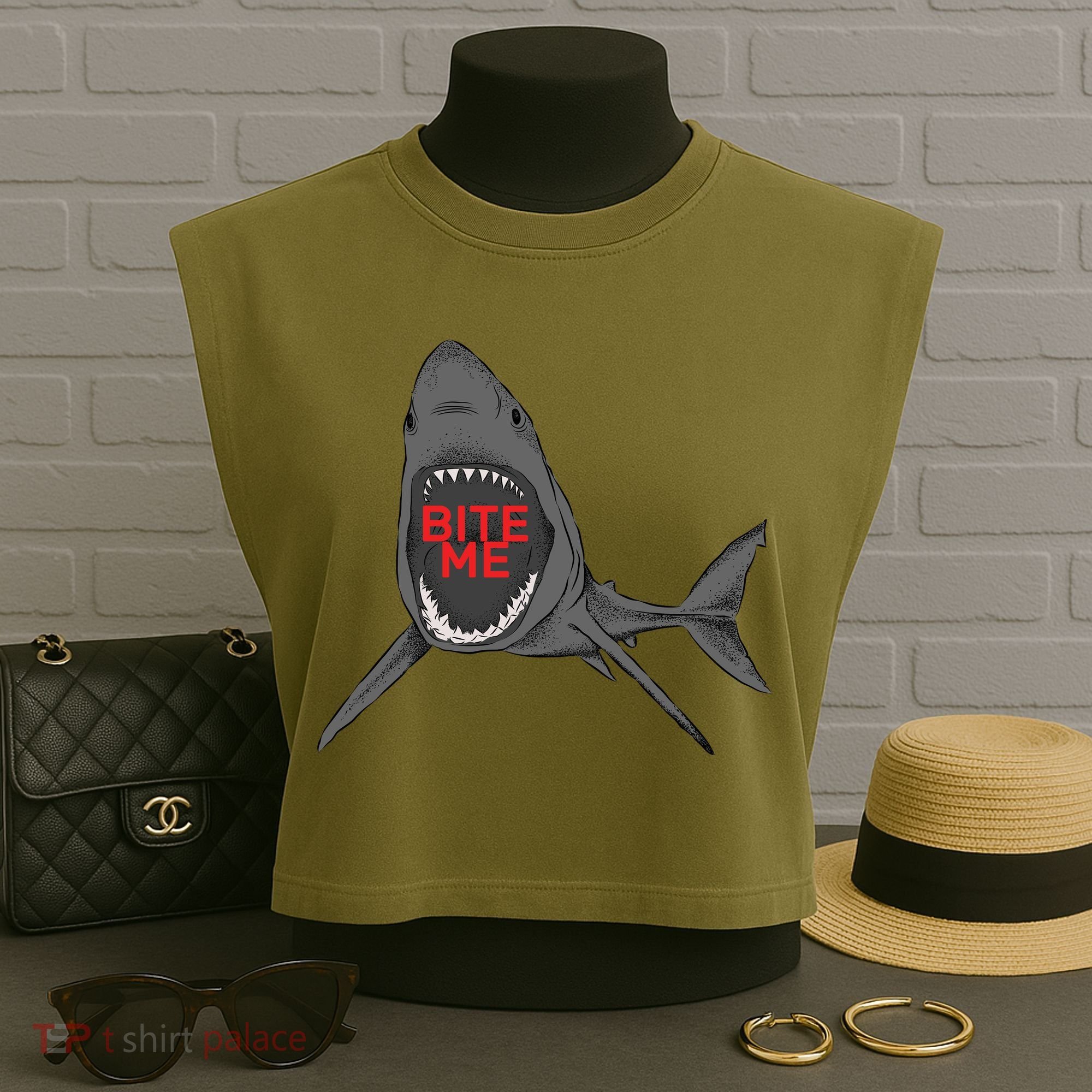 Shark Bite Me Garment-Dyed Women's Muscle Tee