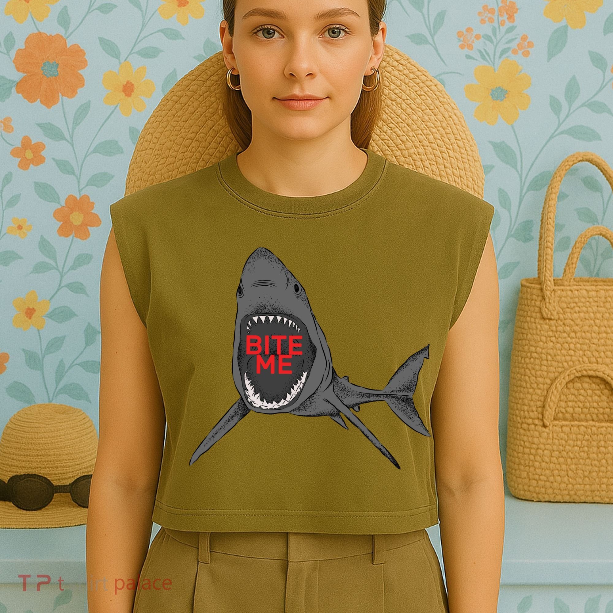 Shark Bite Me Garment-Dyed Women's Muscle Tee