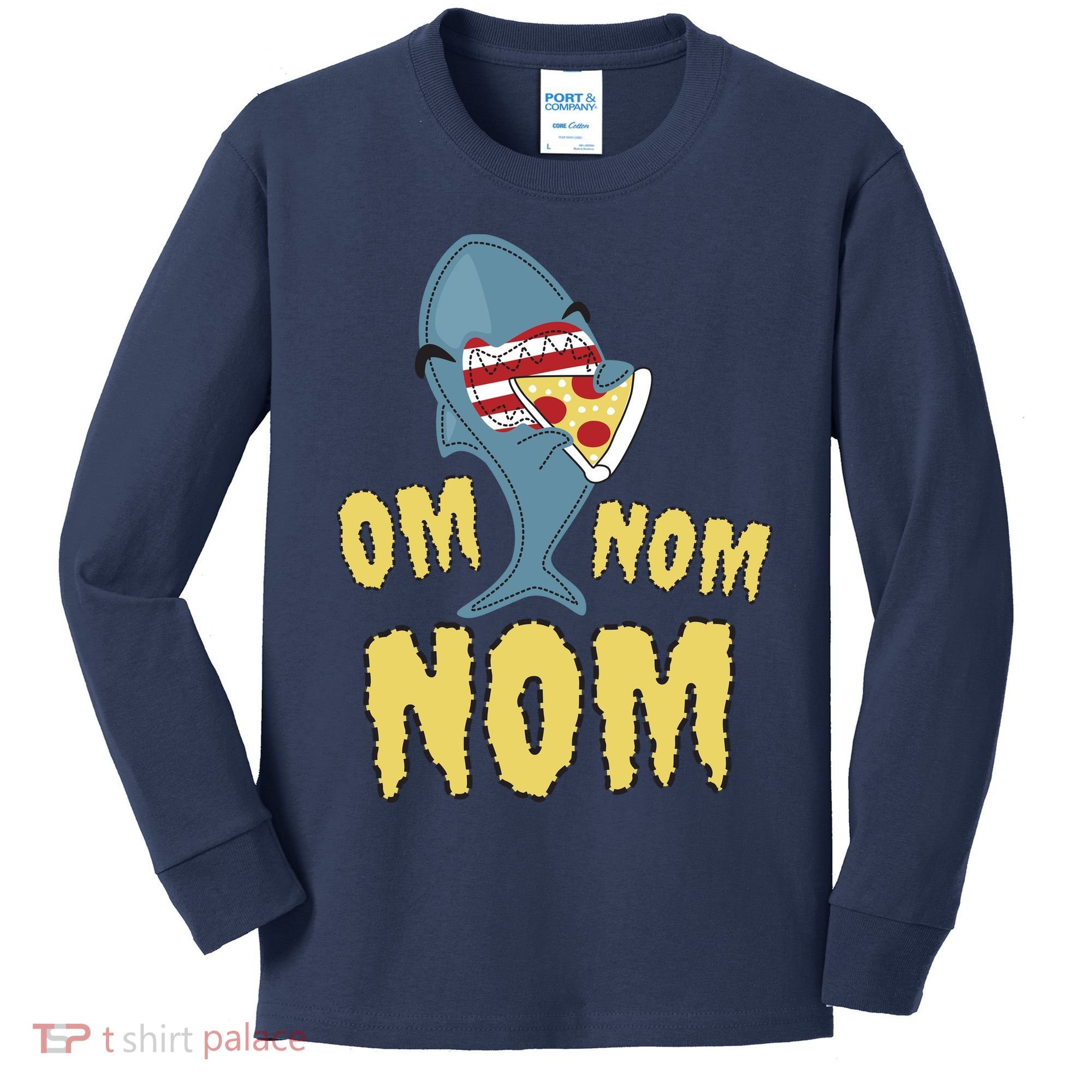 Shark Eating Pizza Om Nom Nom Kids Long Sleeve Shirt
