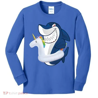 Shark Unicorn Float Pool Party Kids Long Sleeve Shirt