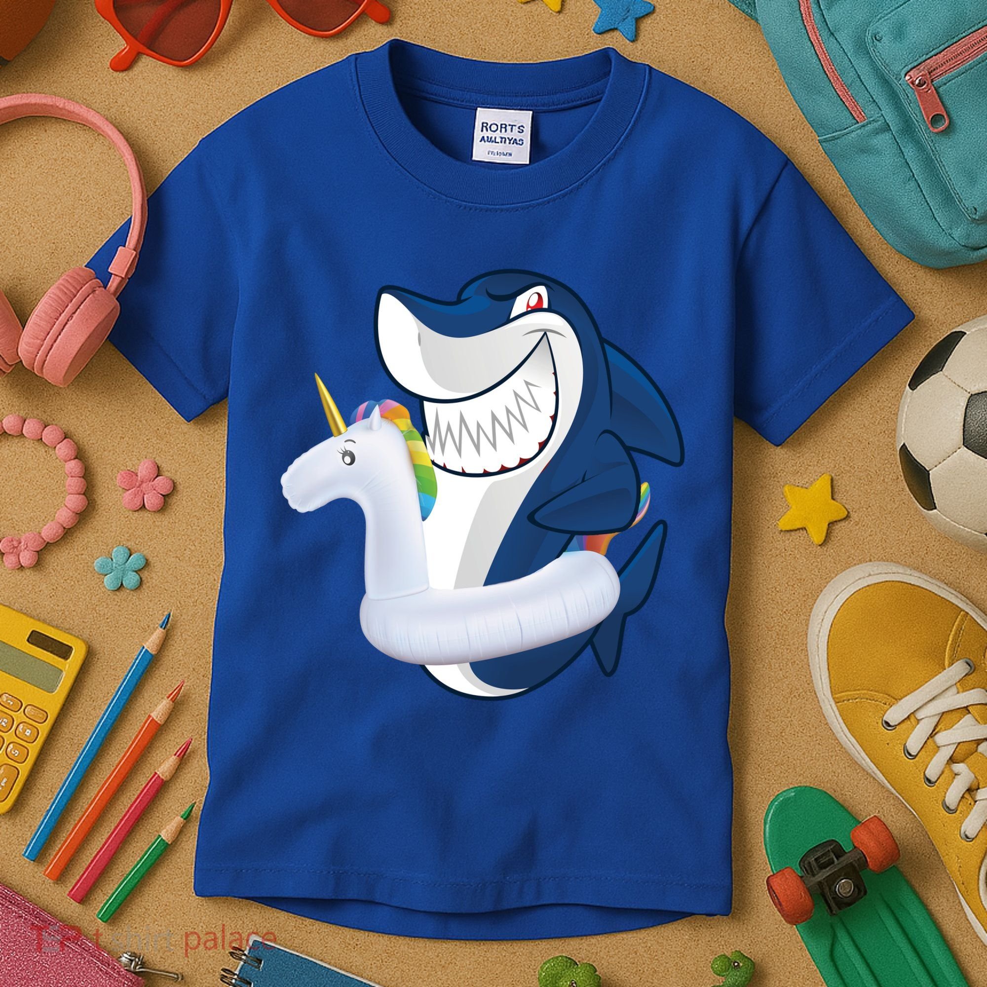 Shark Unicorn Float Pool Party Kids T-Shirt