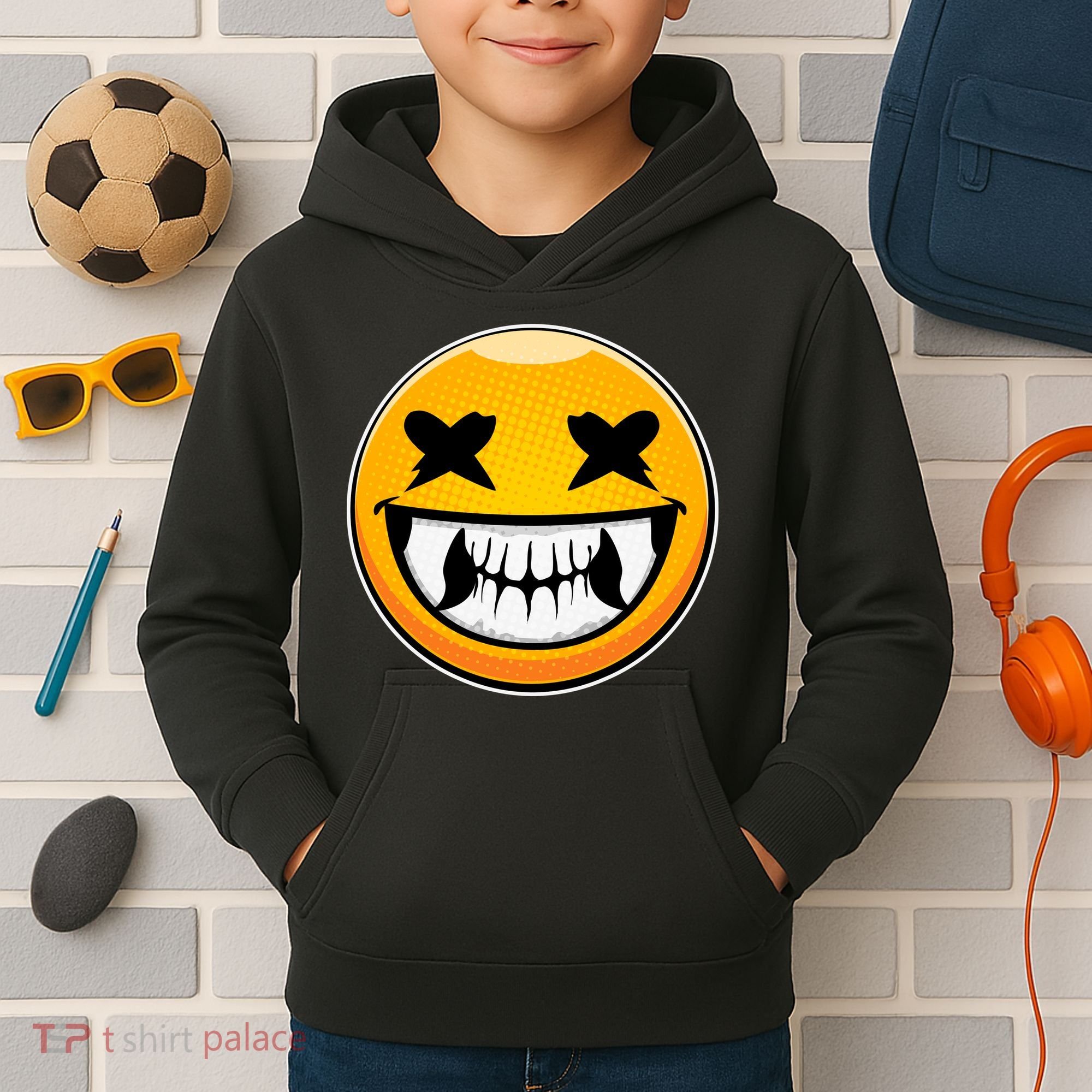 Sharp Toothed Smiley Creepy Emoji Kids Hoodie