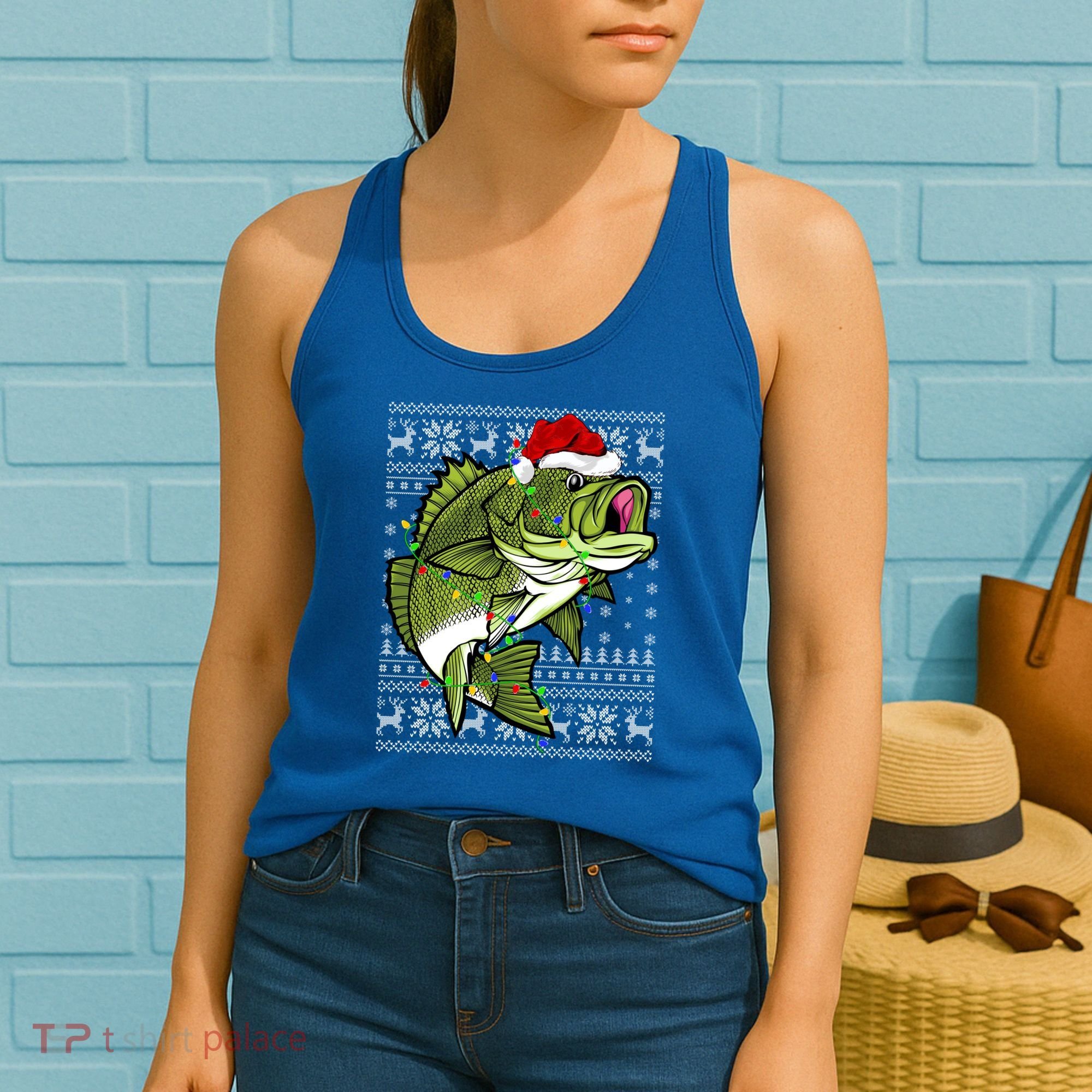 Santa Hat Bass Fish Xmas Lighting Ugly Bass Christmas Gift Women's Tank Top