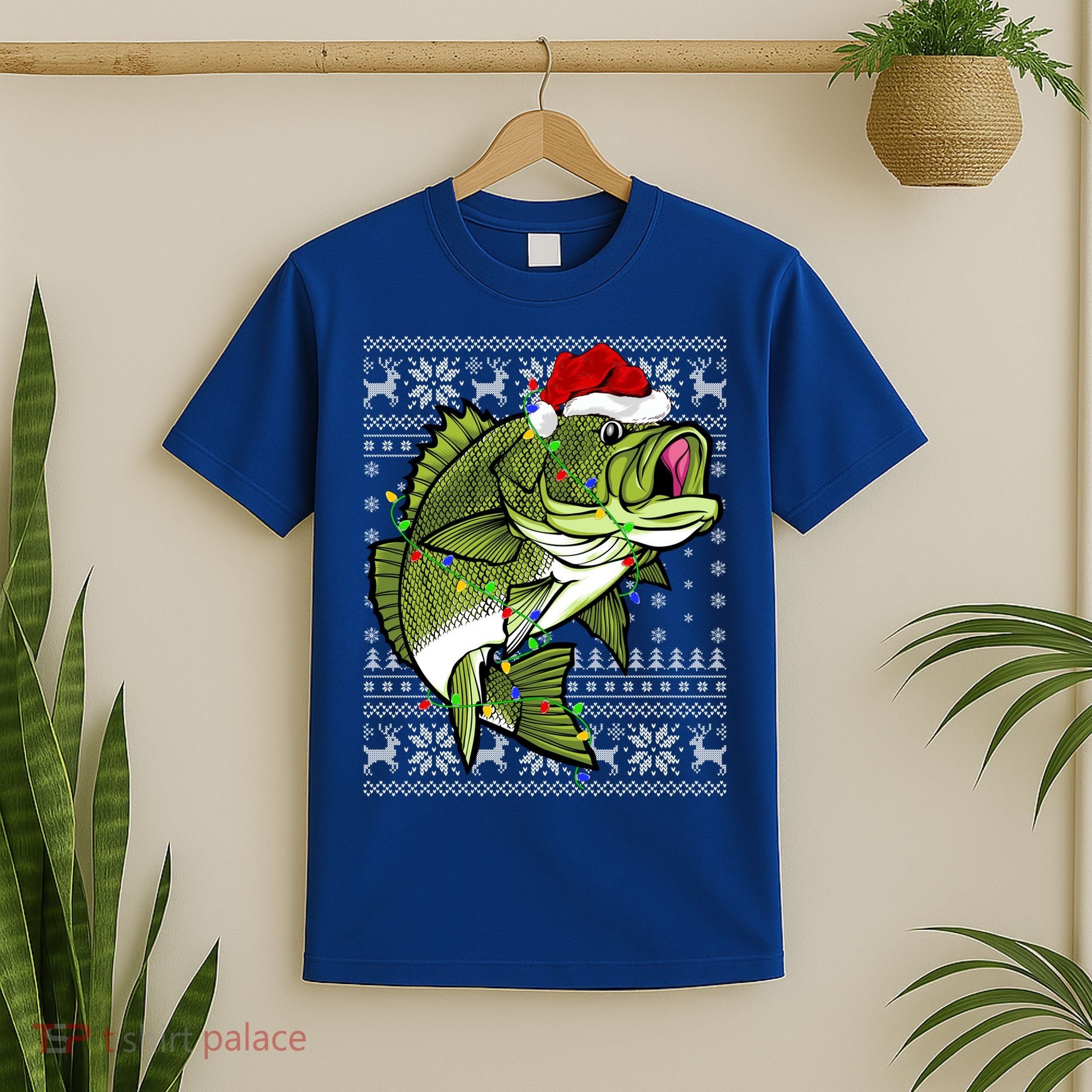 Santa Hat Bass Fish Xmas Lighting Ugly Bass Christmas Funny Gift T-Shirt