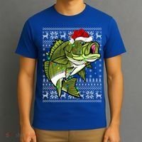 Santa Hat Bass Fish Xmas Lighting Ugly Bass Christmas Funny Gift T-Shirt thumb 3