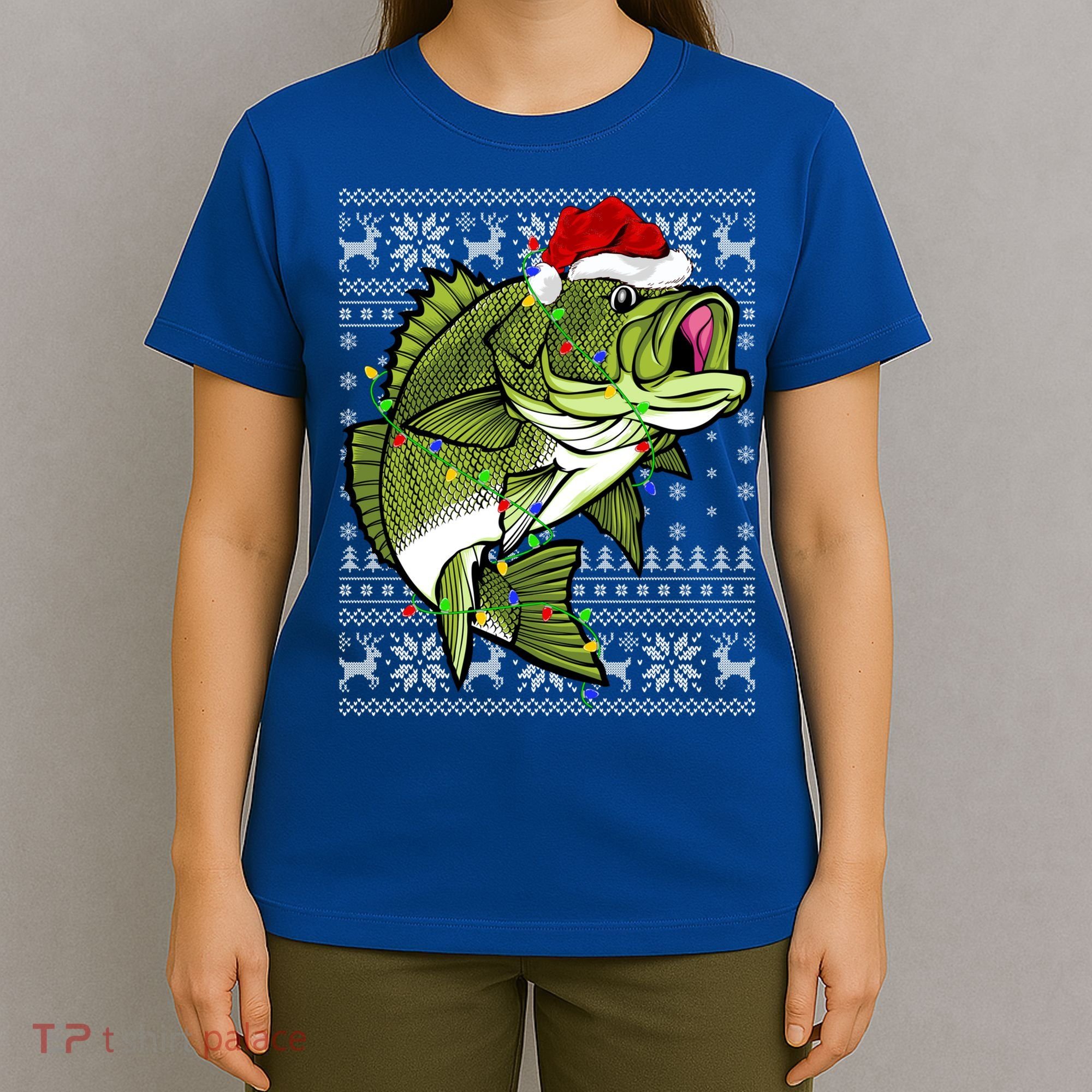 Santa Hat Bass Fish Xmas Lighting Ugly Bass Christmas Funny Gift T-Shirt