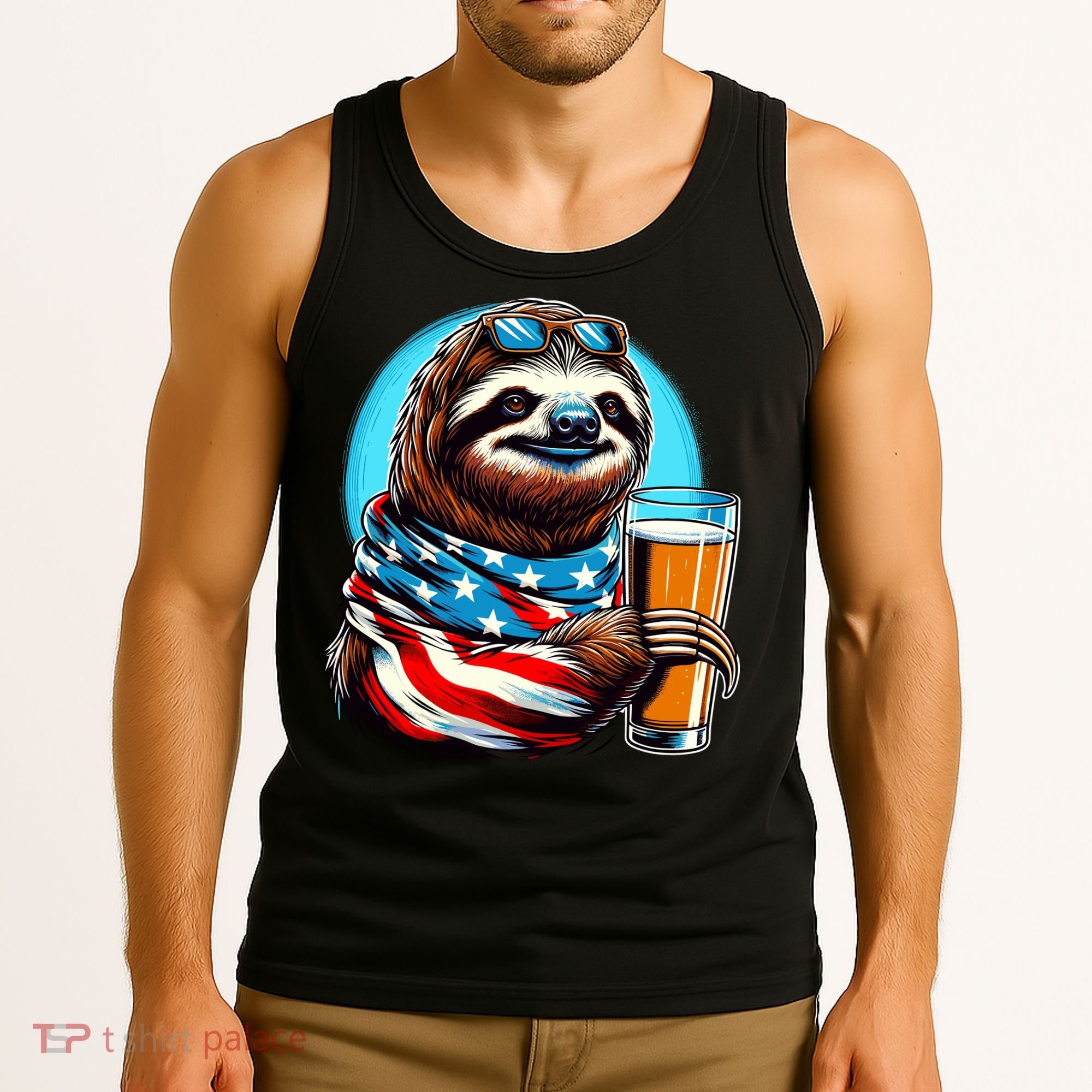 Sloth Holding Beer Usa Flag Tank Top