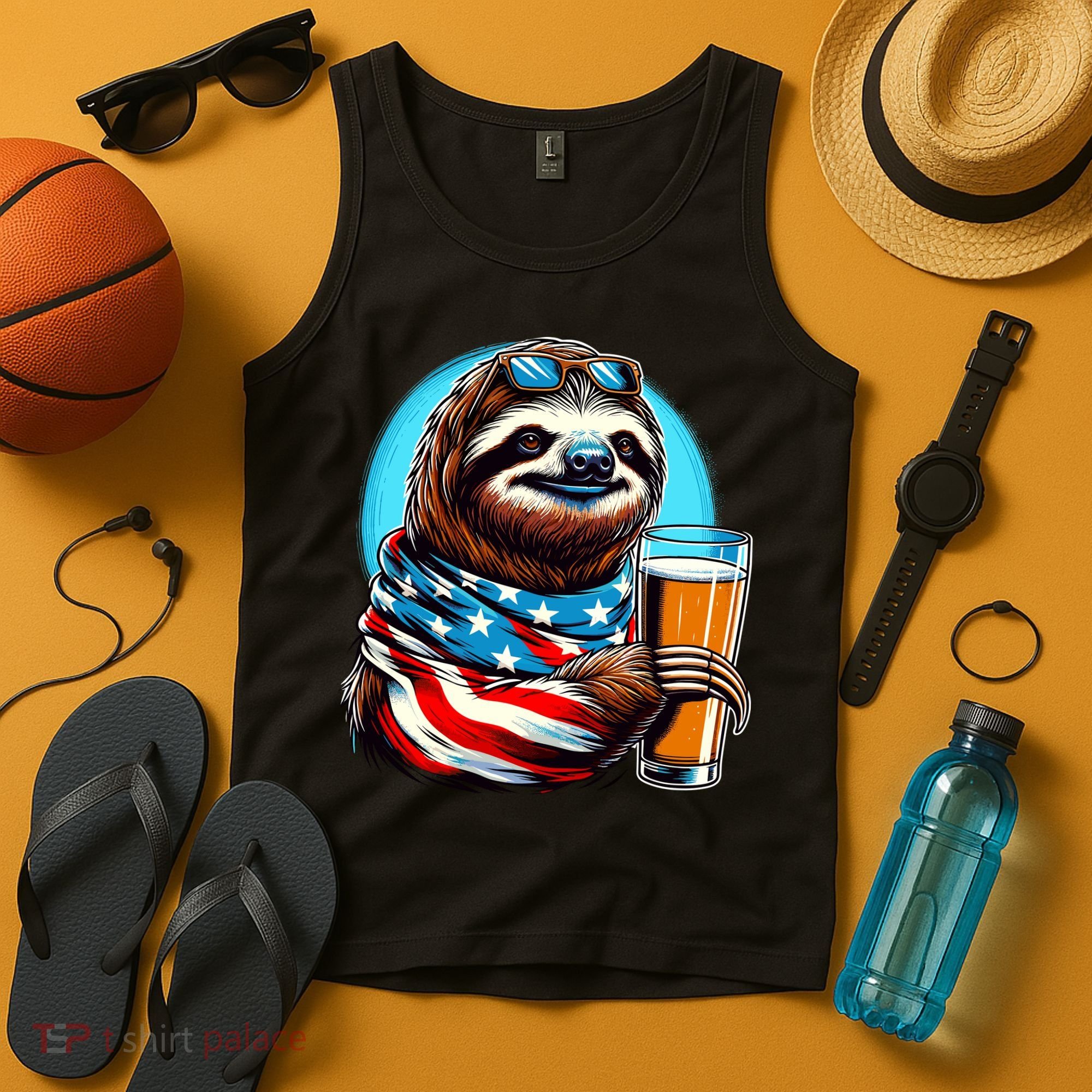 Sloth Holding Beer Usa Flag Tank Top