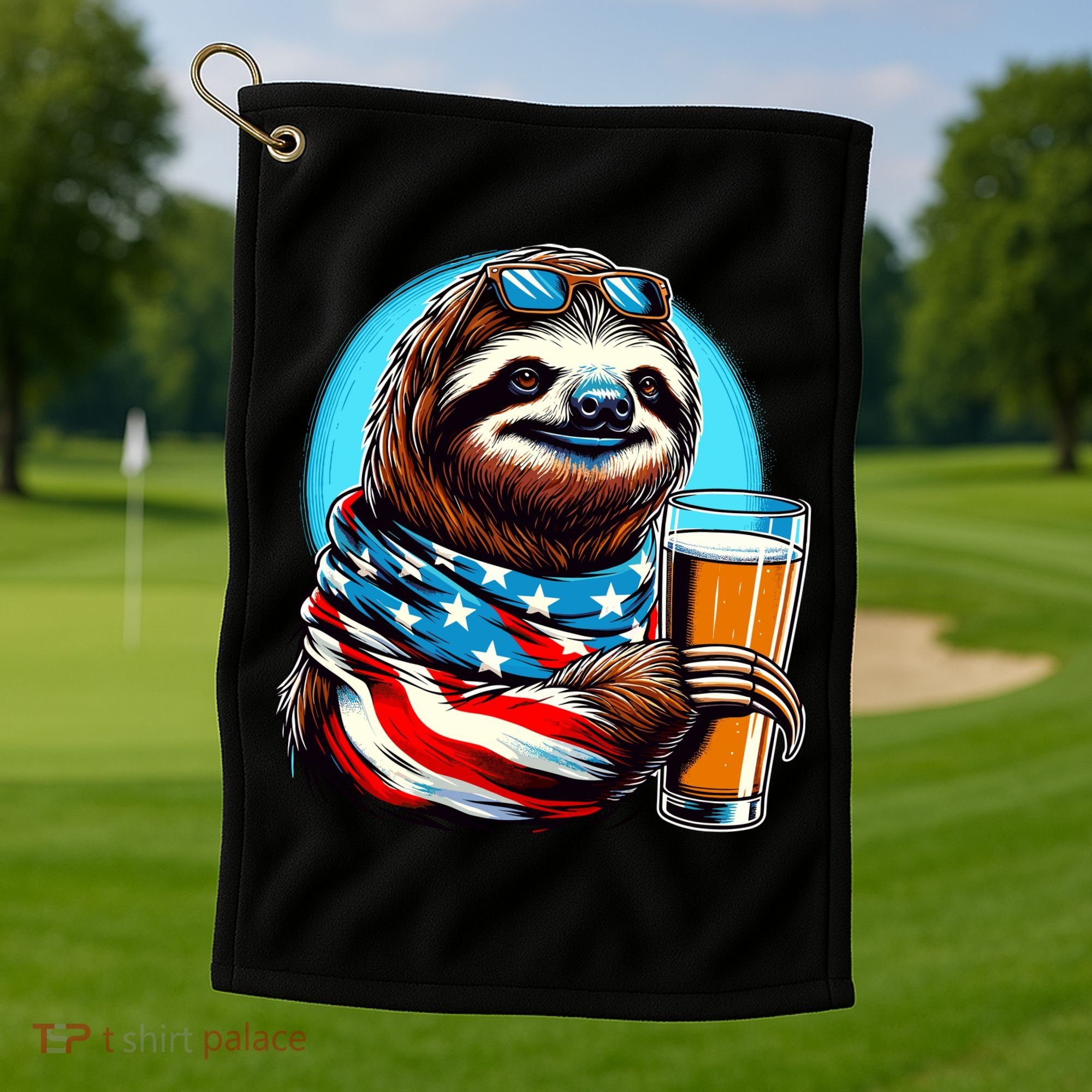 Sloth Holding Beer Usa Flag Golf Towel