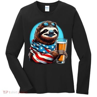 Sloth Holding Beer Usa Flag Women's Long Sleeve Shirt
