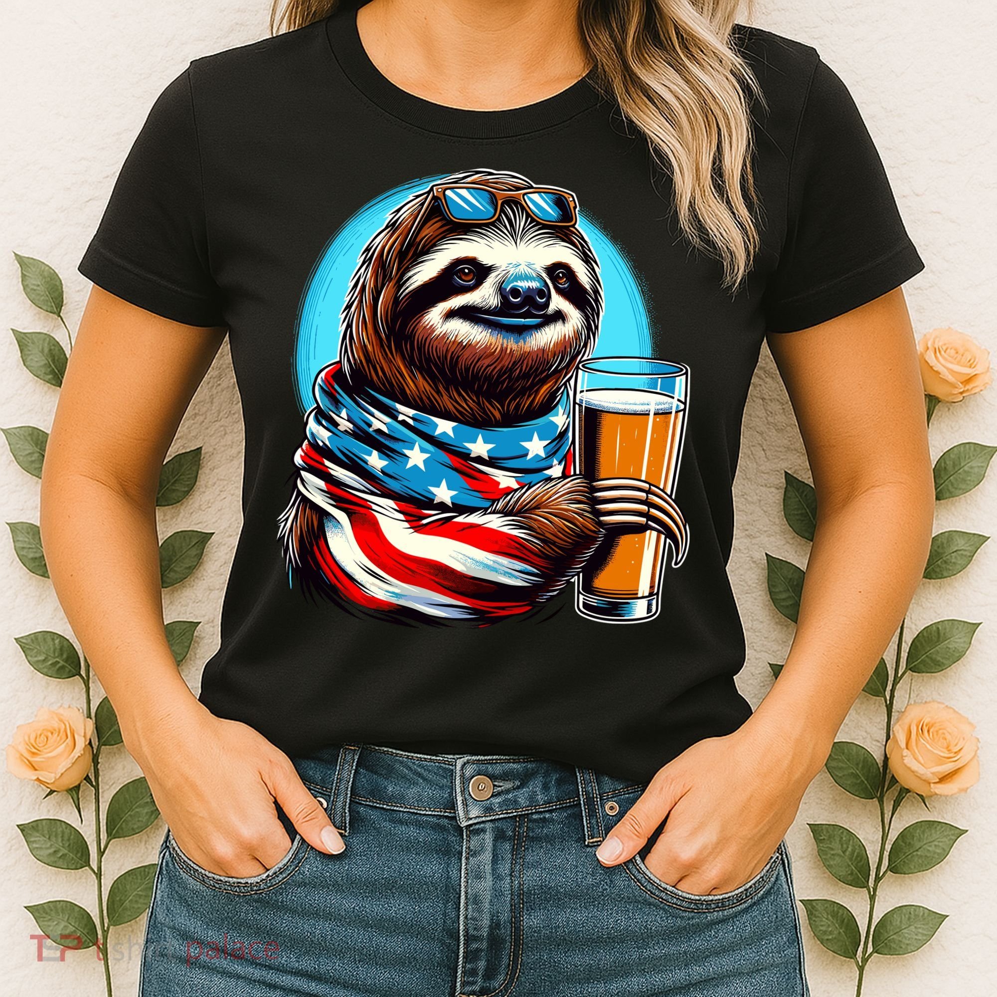 Sloth Holding Beer Usa Flag Women's T-Shirt