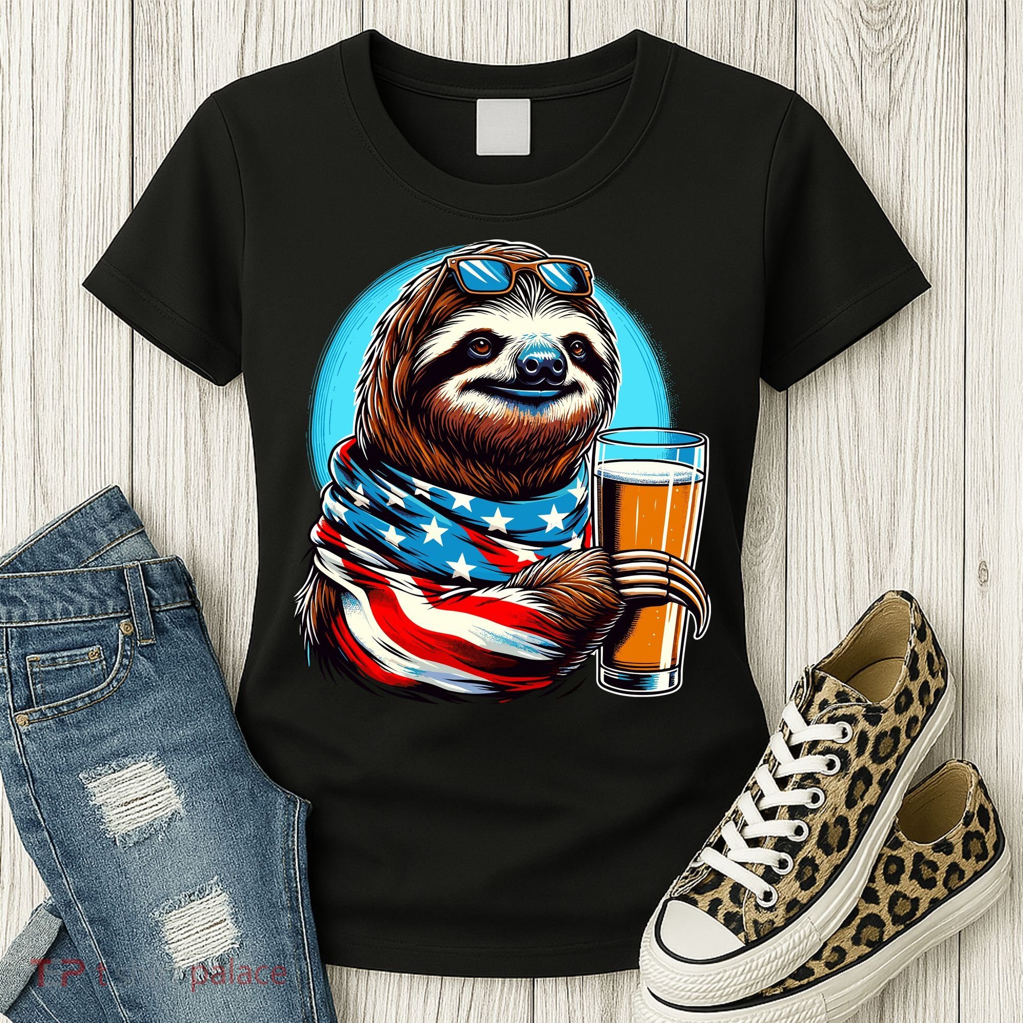 Sloth Holding Beer Usa Flag Women's T-Shirt