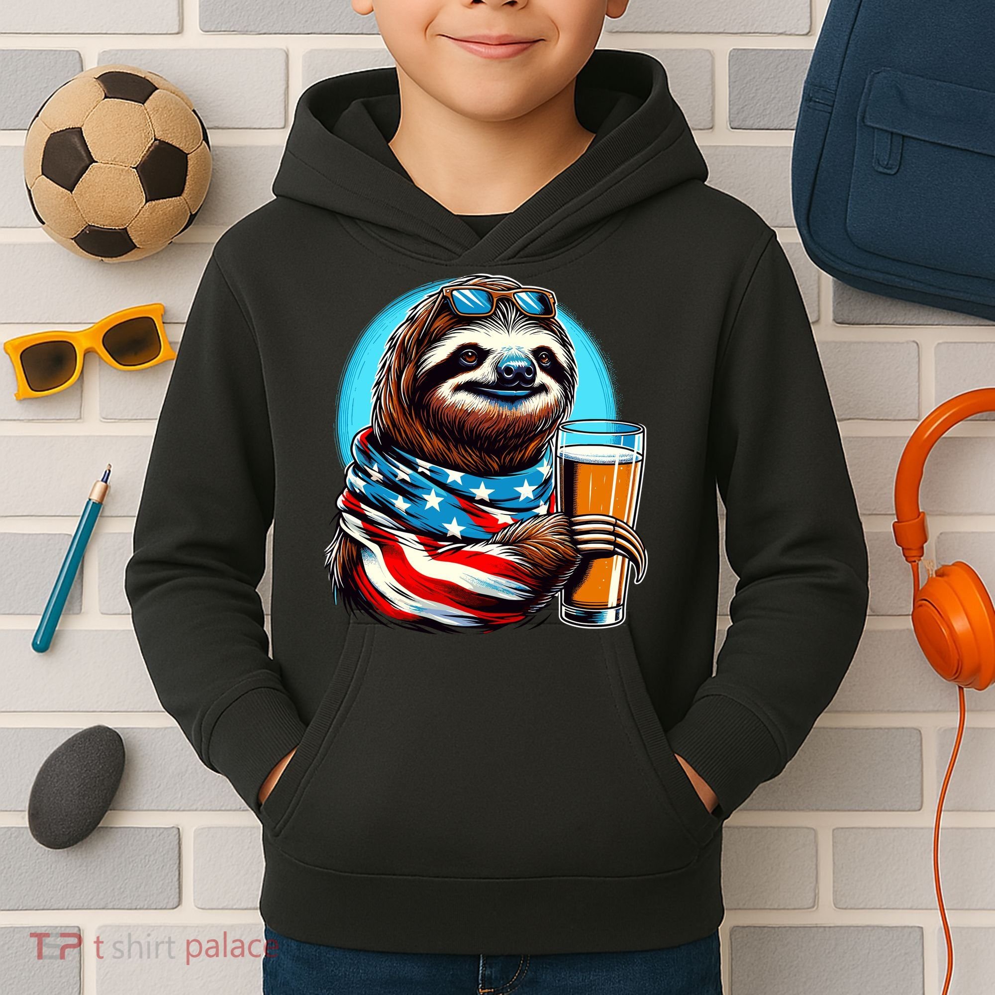 Sloth Holding Beer Usa Flag Kids Hoodie
