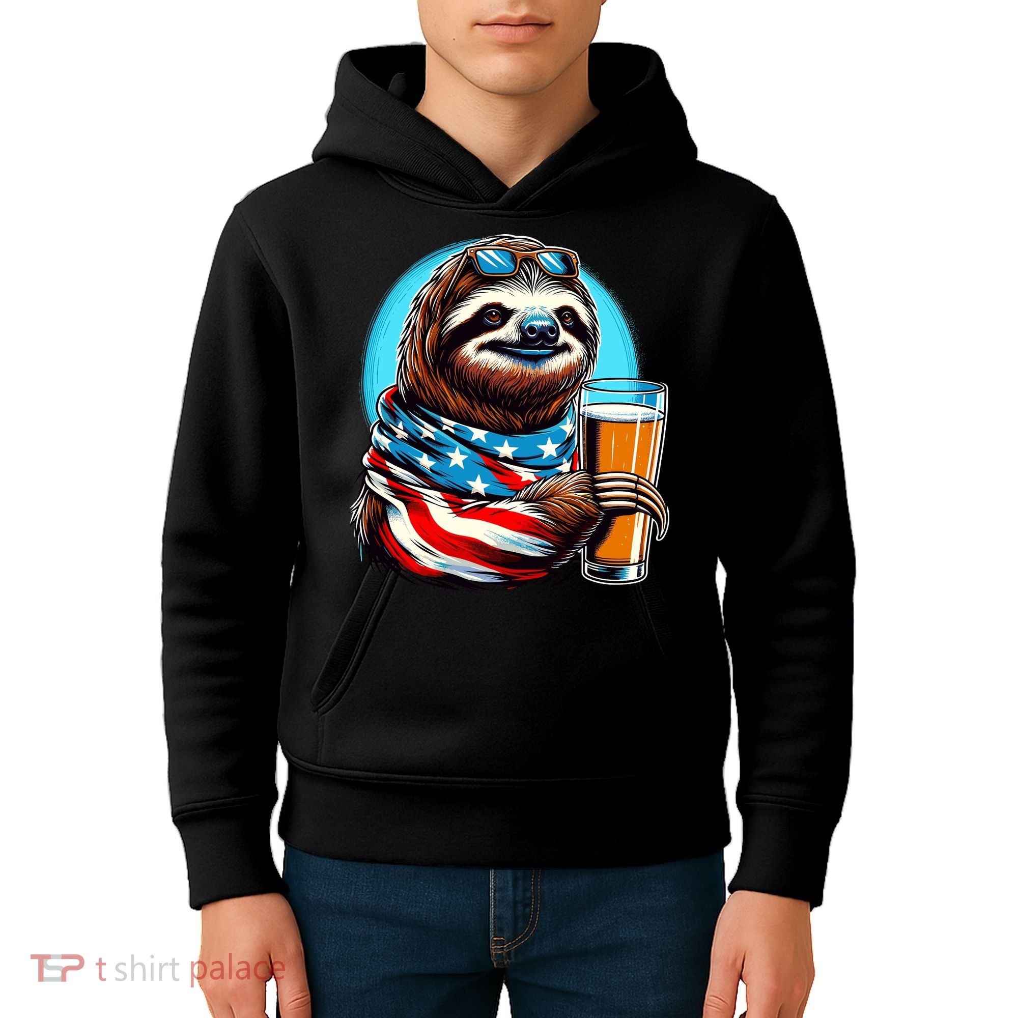 Sloth Holding Beer Usa Flag Kids Hoodie