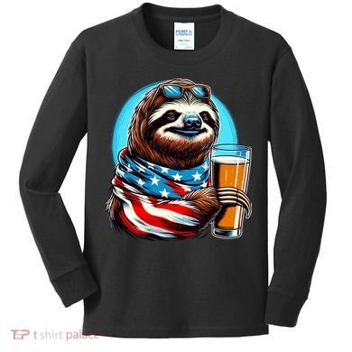 Sloth Holding Beer Usa Flag Kids Long Sleeve Shirt