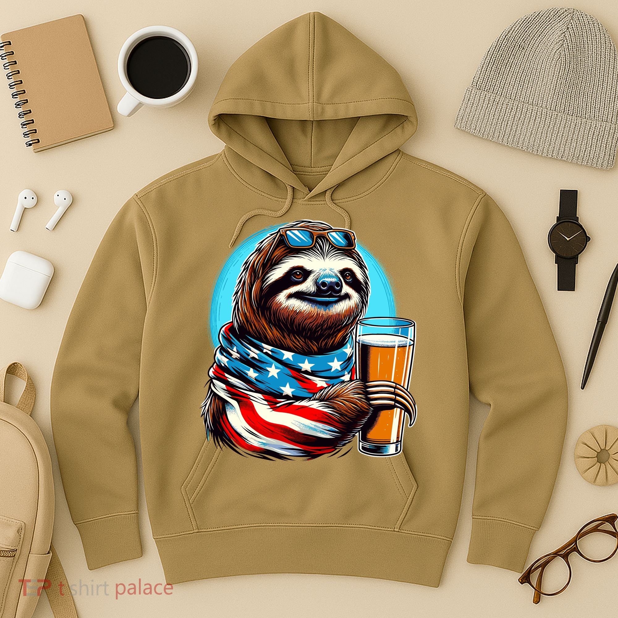 Sloth Holding Beer Usa Flag Hoodie