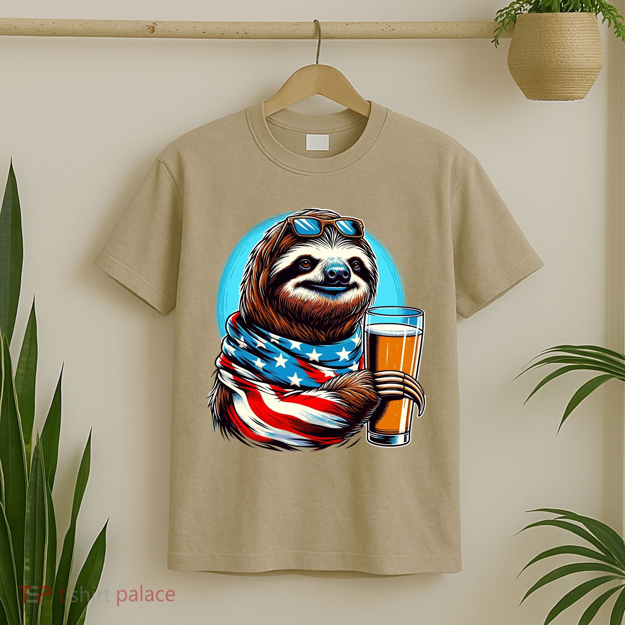 Sloth Holding Beer Usa Flag T-Shirt