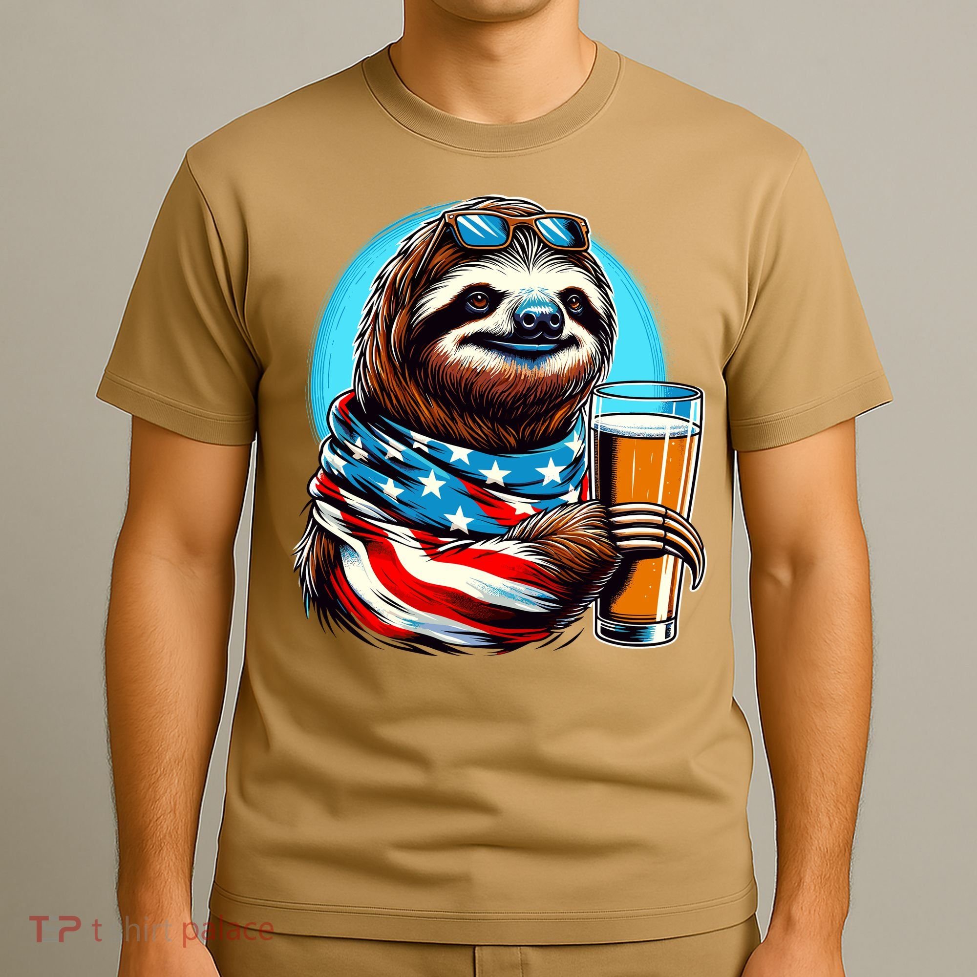 Sloth Holding Beer Usa Flag T-Shirt
