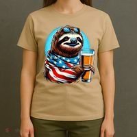 Sloth Holding Beer Usa Flag T-Shirt thumb 4