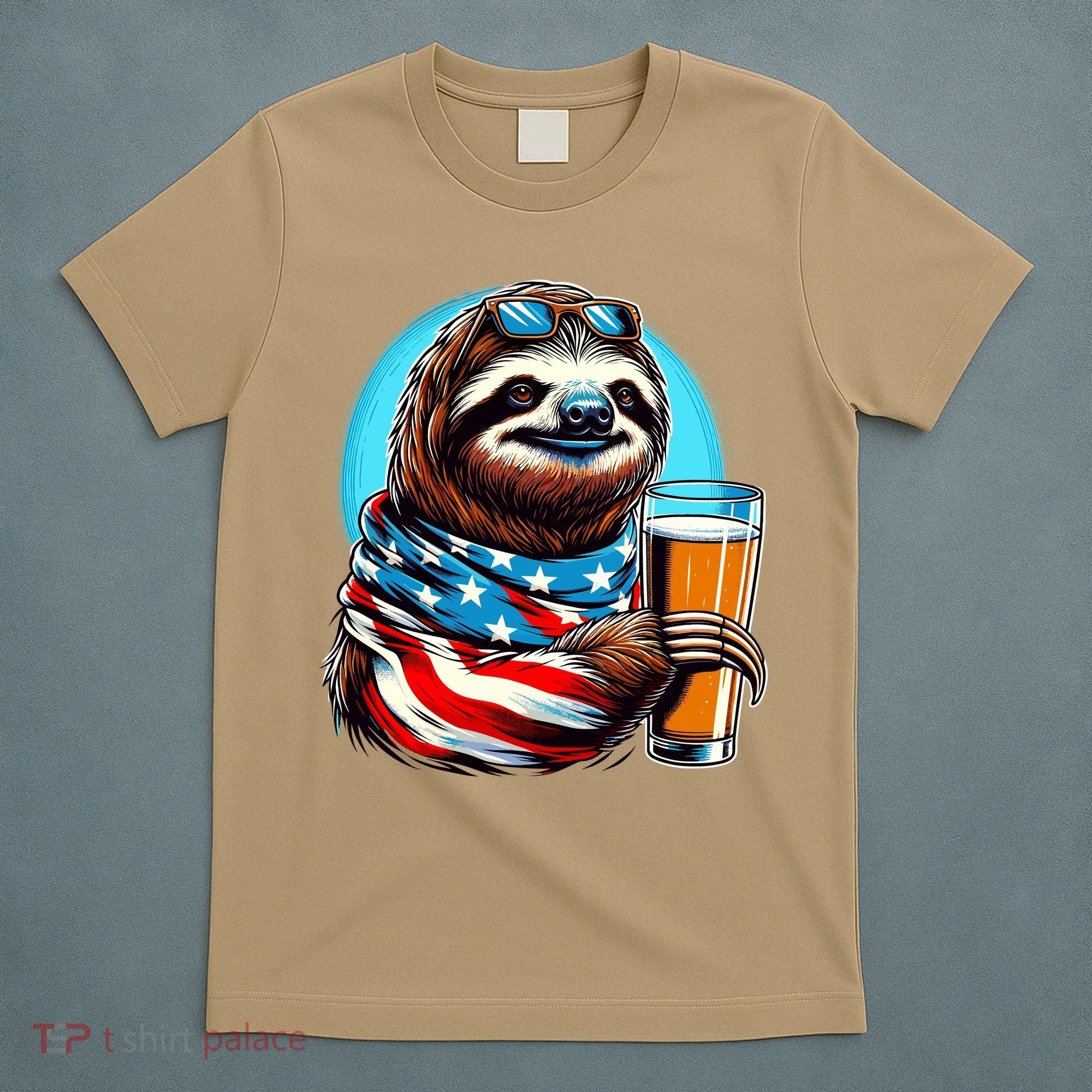 Sloth Holding Beer Usa Flag T-Shirt