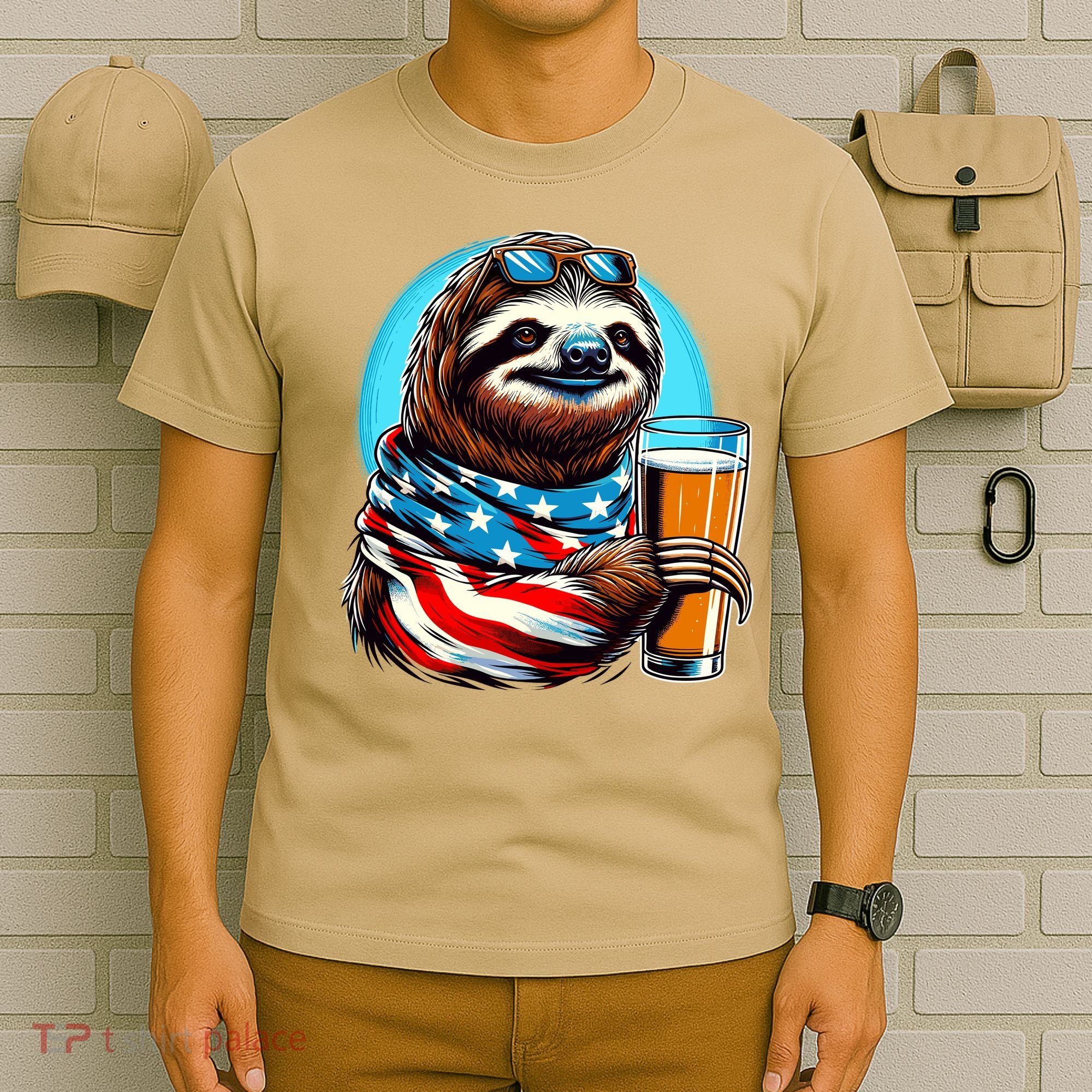 Sloth Holding Beer Usa Flag T-Shirt