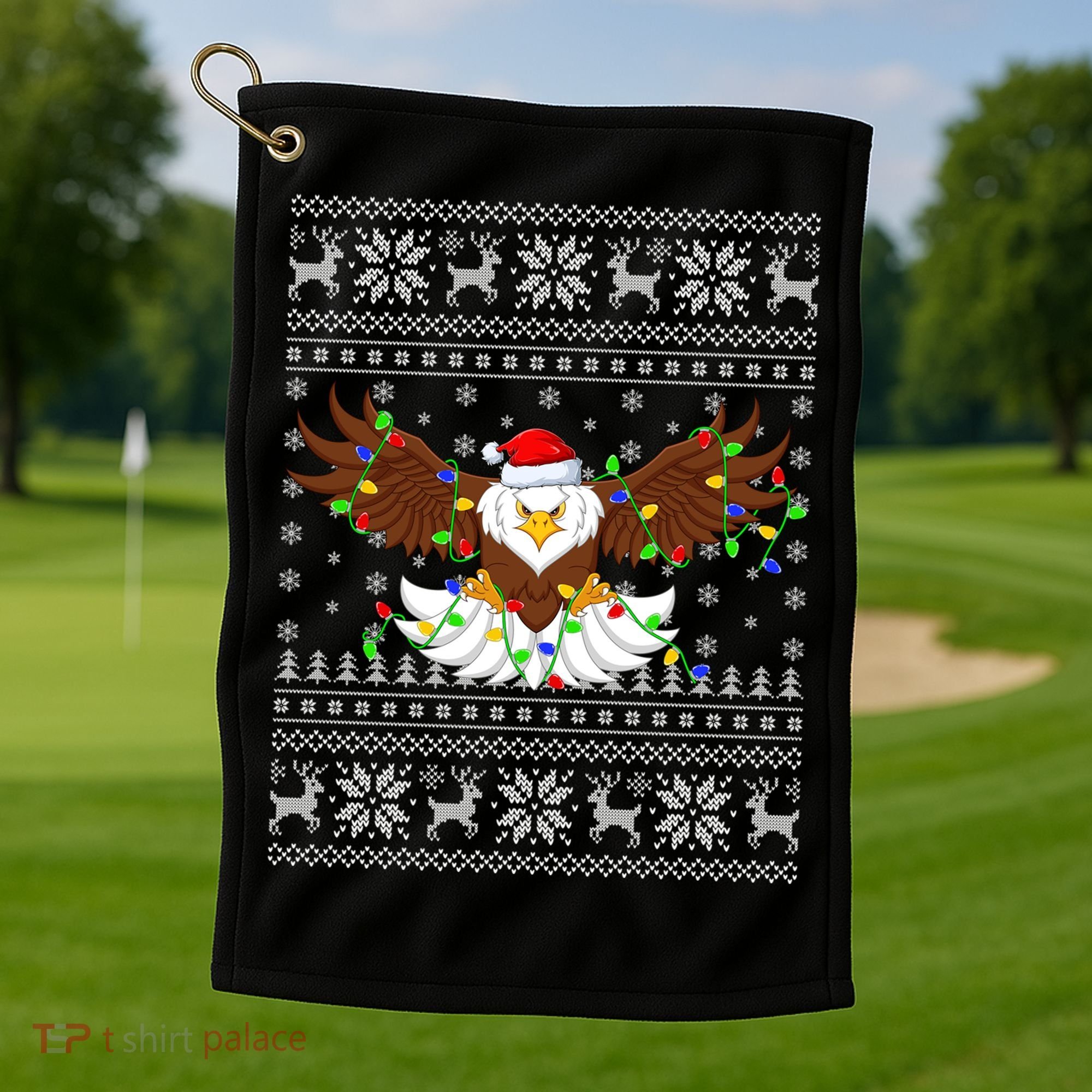 Santa Hat Bald Eagle Xmas Lighting Ugly Bald Eagle Christmas Gift Golf Towel