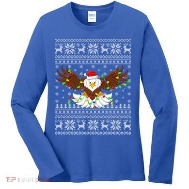 Santa Hat Bald Eagle Xmas Lighting Ugly Bald Eagle Christmas Gift Women's Long Sleeve Shirt