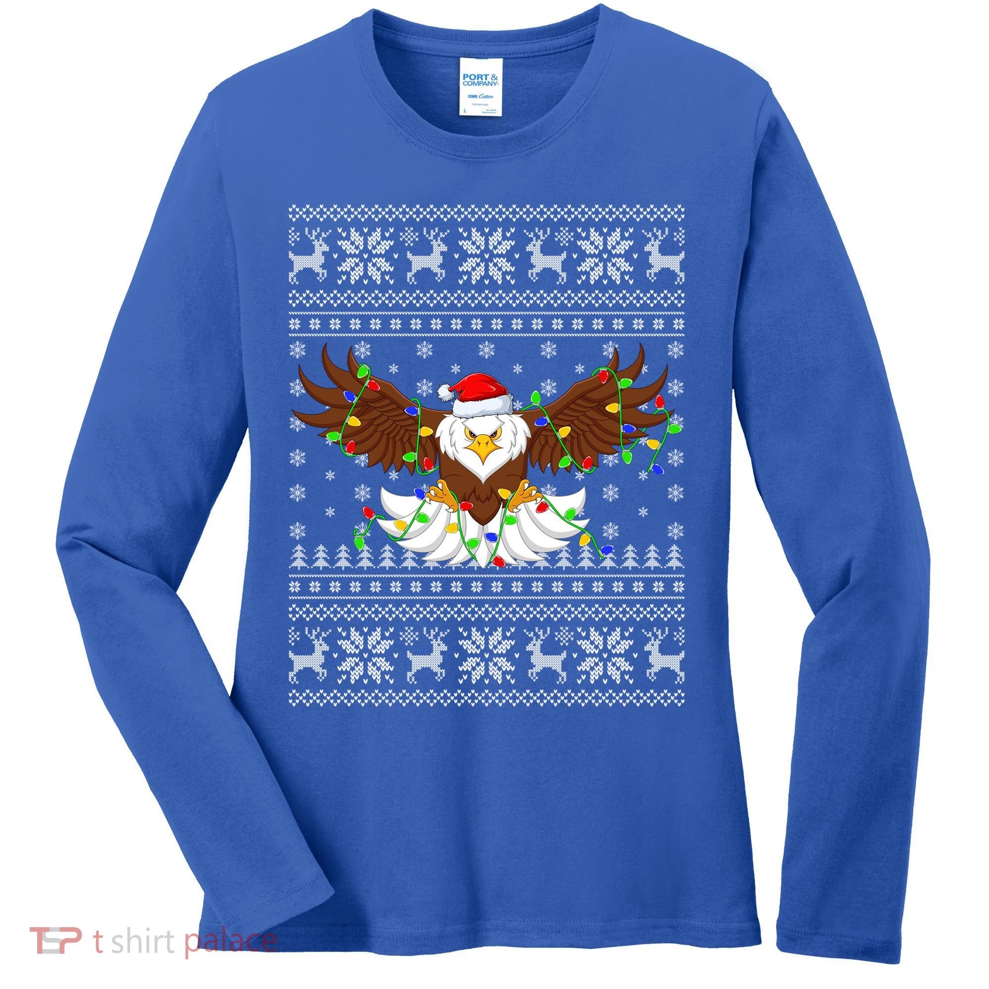 Santa Hat Bald Eagle Xmas Lighting Ugly Bald Eagle Christmas Gift Women's Long Sleeve Shirt