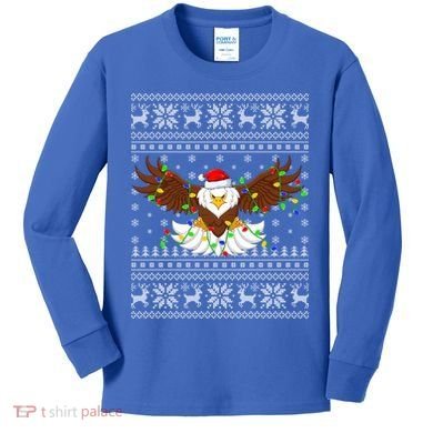 Santa Hat Bald Eagle Xmas Lighting Ugly Bald Eagle Christmas Gift Kids Long Sleeve Shirt