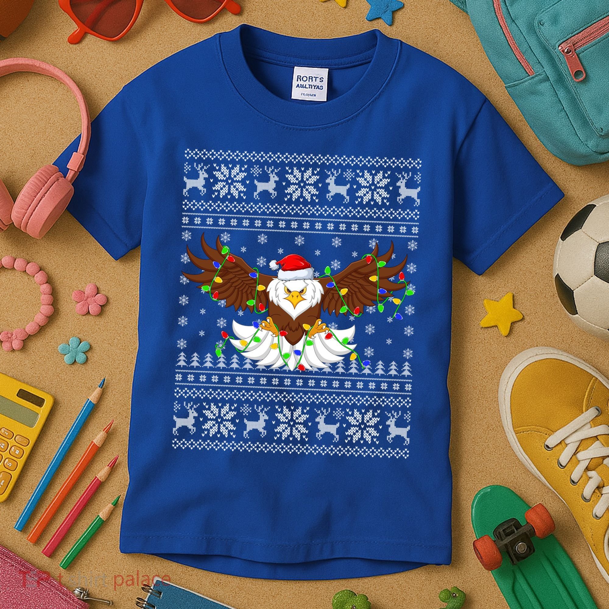 Santa Hat Bald Eagle Xmas Lighting Ugly Bald Eagle Christmas Gift Kids T-Shirt