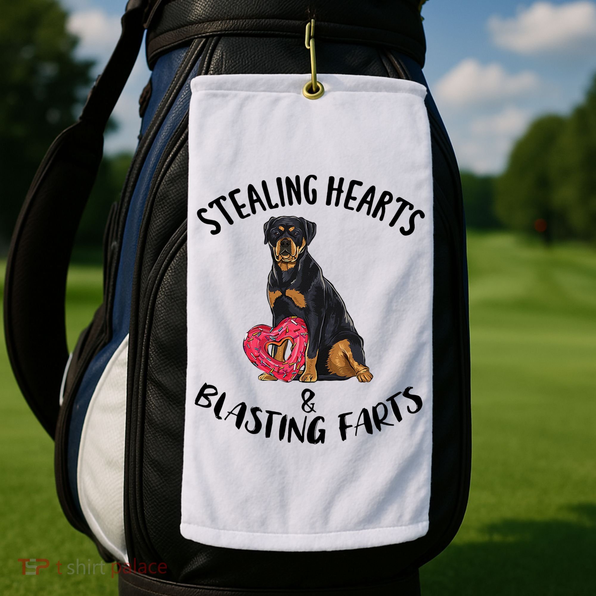 Stealing Hearts Blasting Farts Rottweiler Valentines Day Golf Towel
