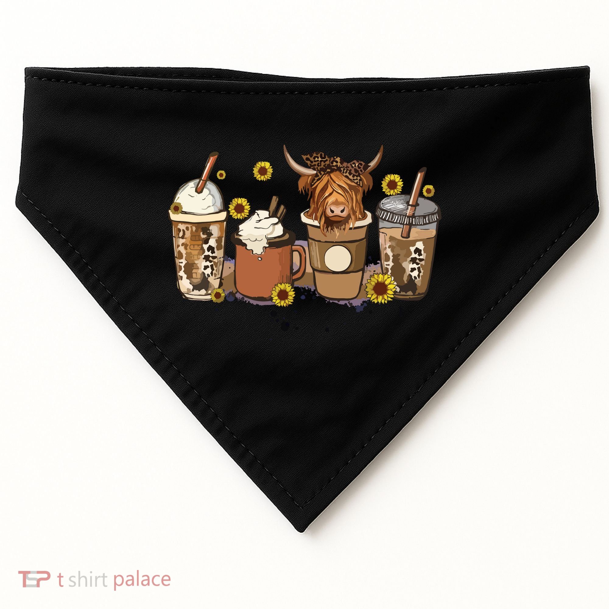 Scottish Highland Cow Sunflower Fall Vibes Coffee Lover USA-Made Doggie Bandana