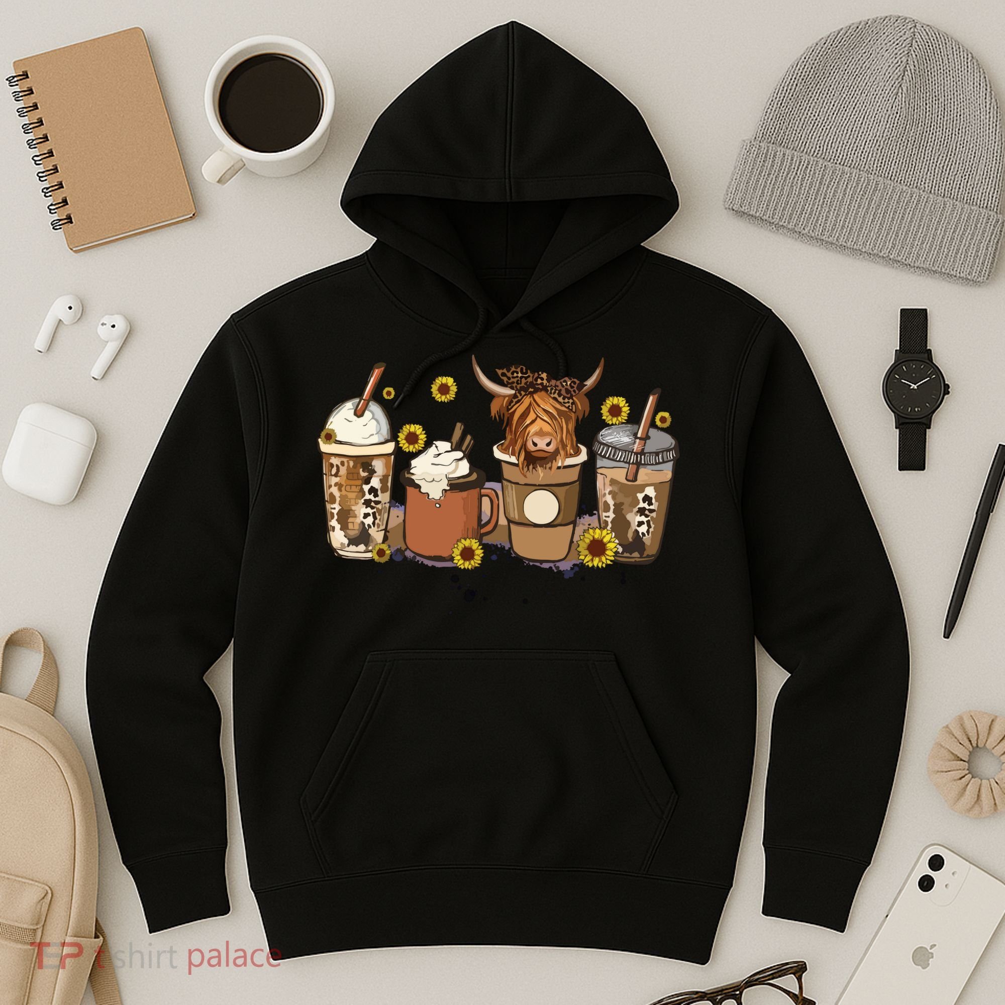 Scottish Highland Cow Sunflower Fall Vibes Coffee Lover Hoodie
