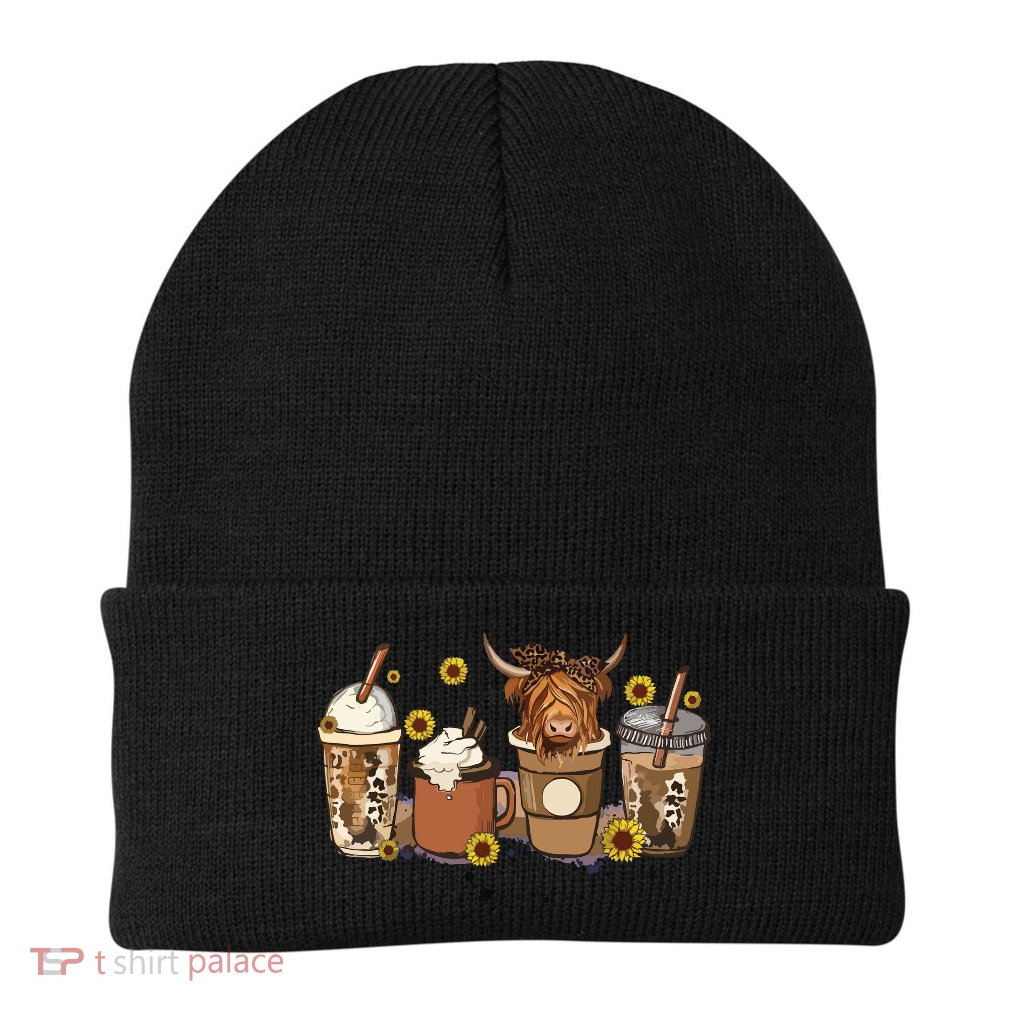 Scottish Highland Cow Sunflower Fall Vibes Coffee Lover Beanie