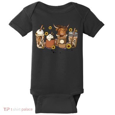 Scottish Highland Cow Sunflower Fall Vibes Coffee Lover Baby Bodysuit