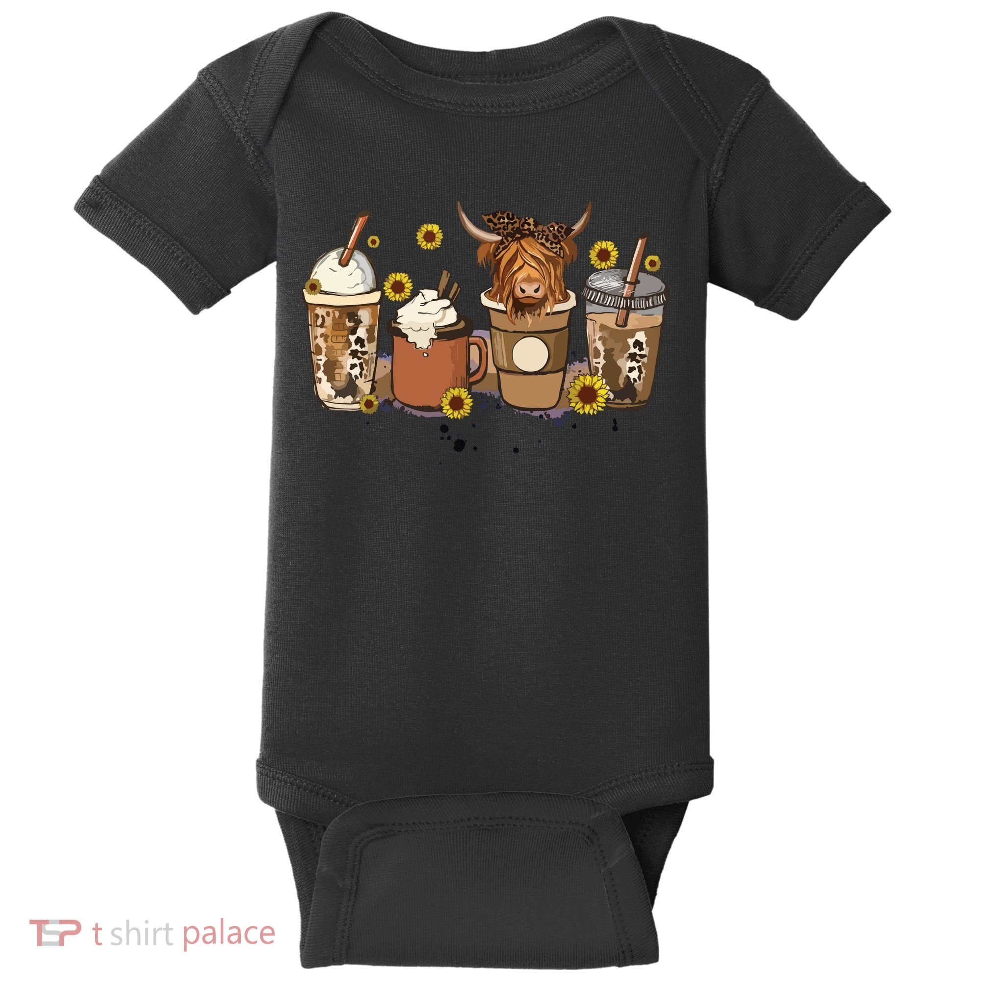 Scottish Highland Cow Sunflower Fall Vibes Coffee Lover Baby Bodysuit