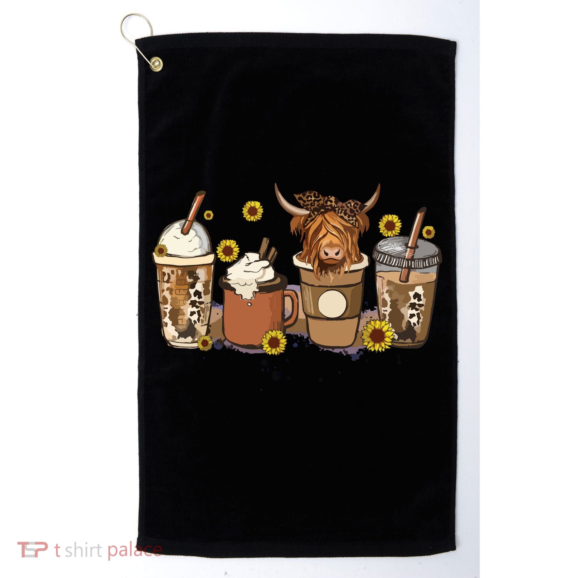 Scottish Highland Cow Sunflower Fall Vibes Coffee Lover Golf Towel