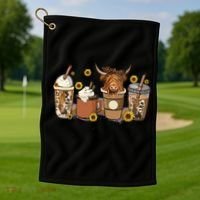 Scottish Highland Cow Sunflower Fall Vibes Coffee Lover Golf Towel thumb 1
