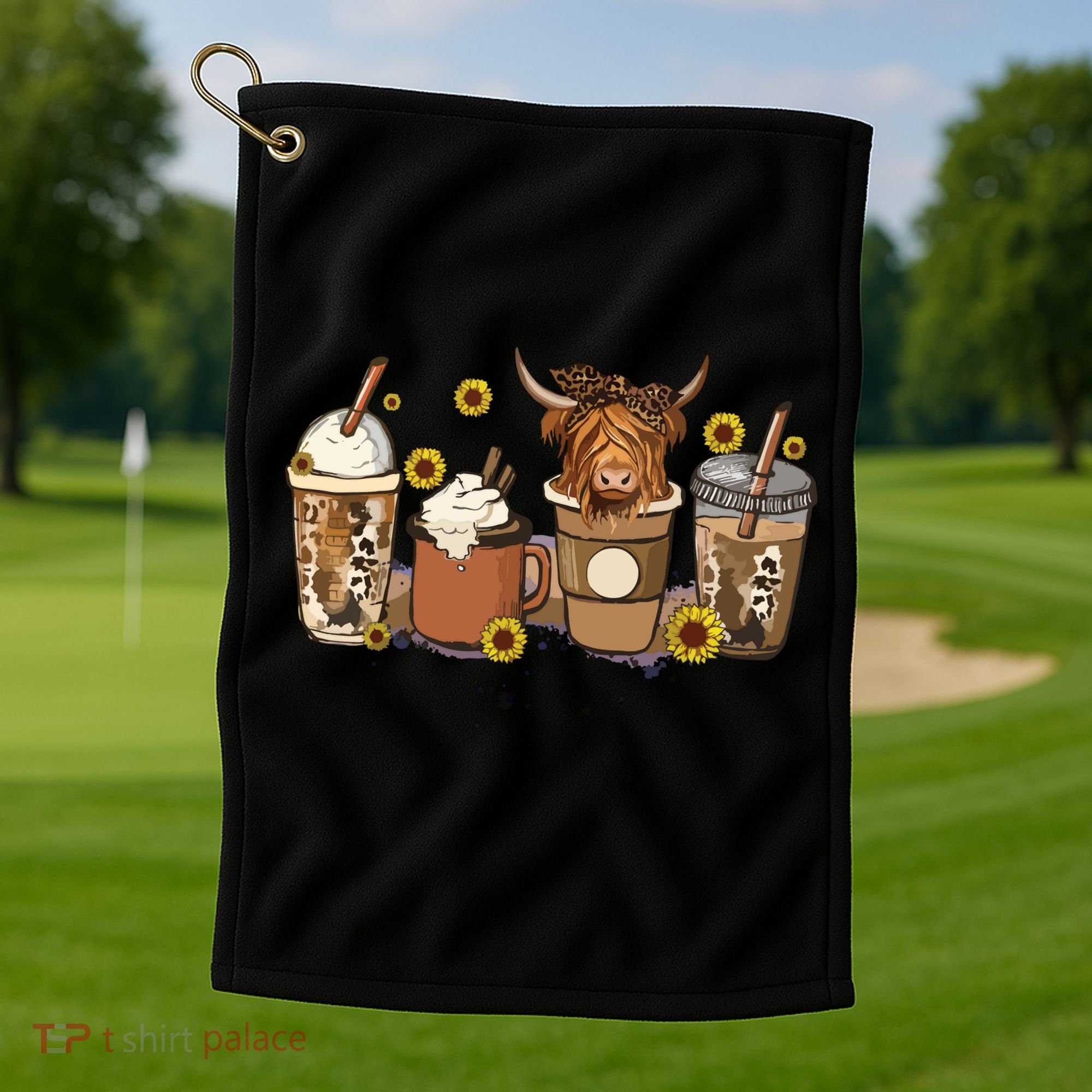 Scottish Highland Cow Sunflower Fall Vibes Coffee Lover Golf Towel