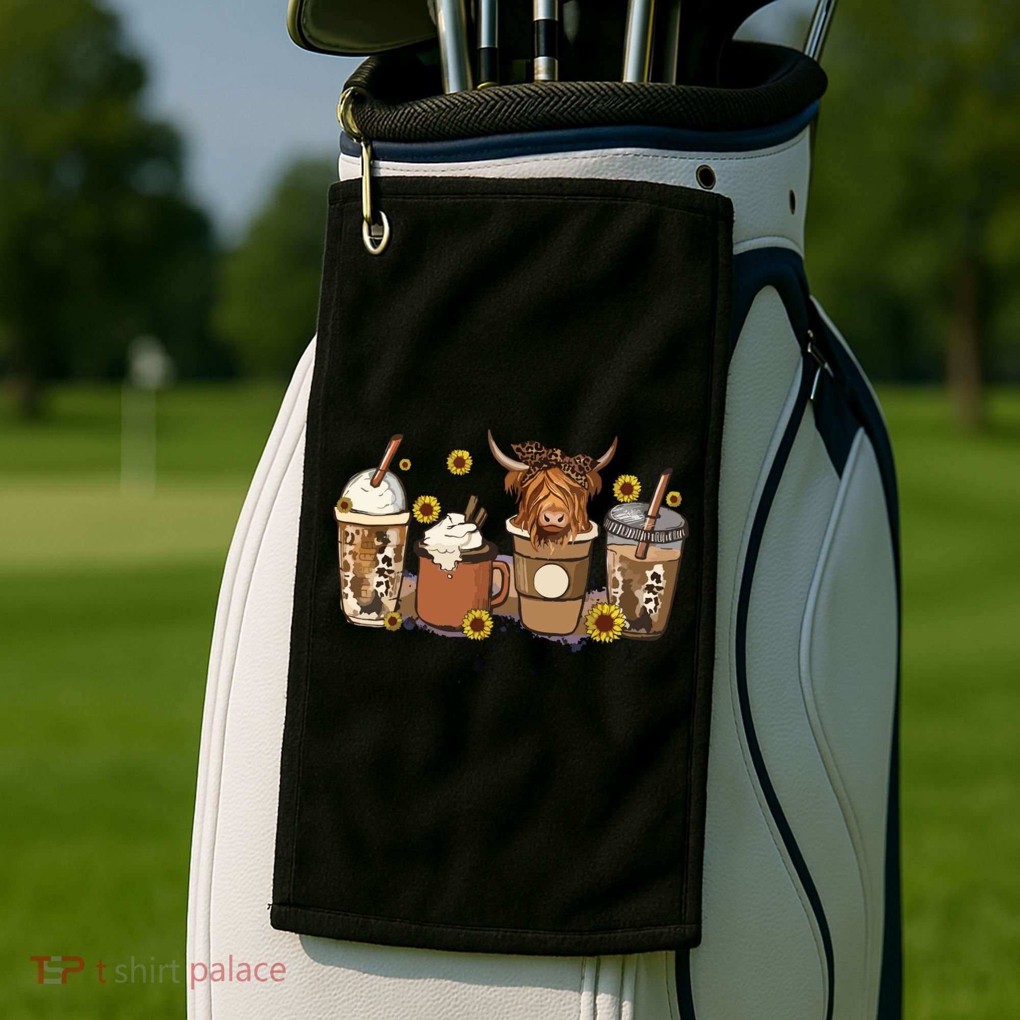 Scottish Highland Cow Sunflower Fall Vibes Coffee Lover Golf Towel
