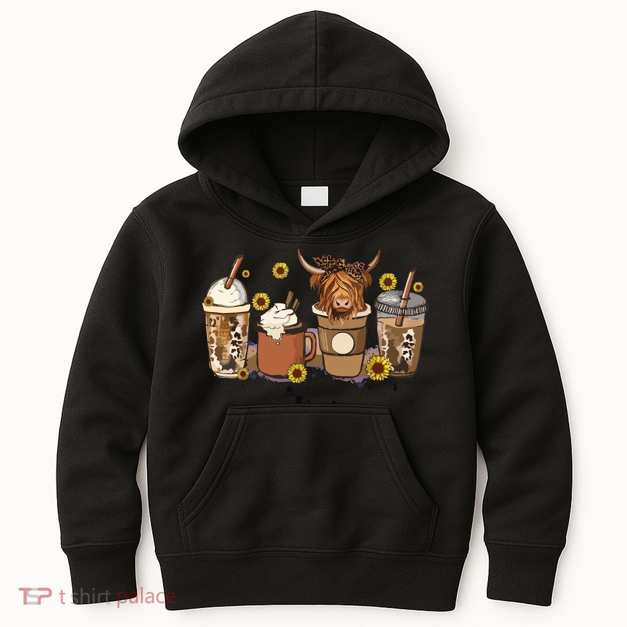 Scottish Highland Cow Sunflower Fall Vibes Coffee Lover Kids Hoodie