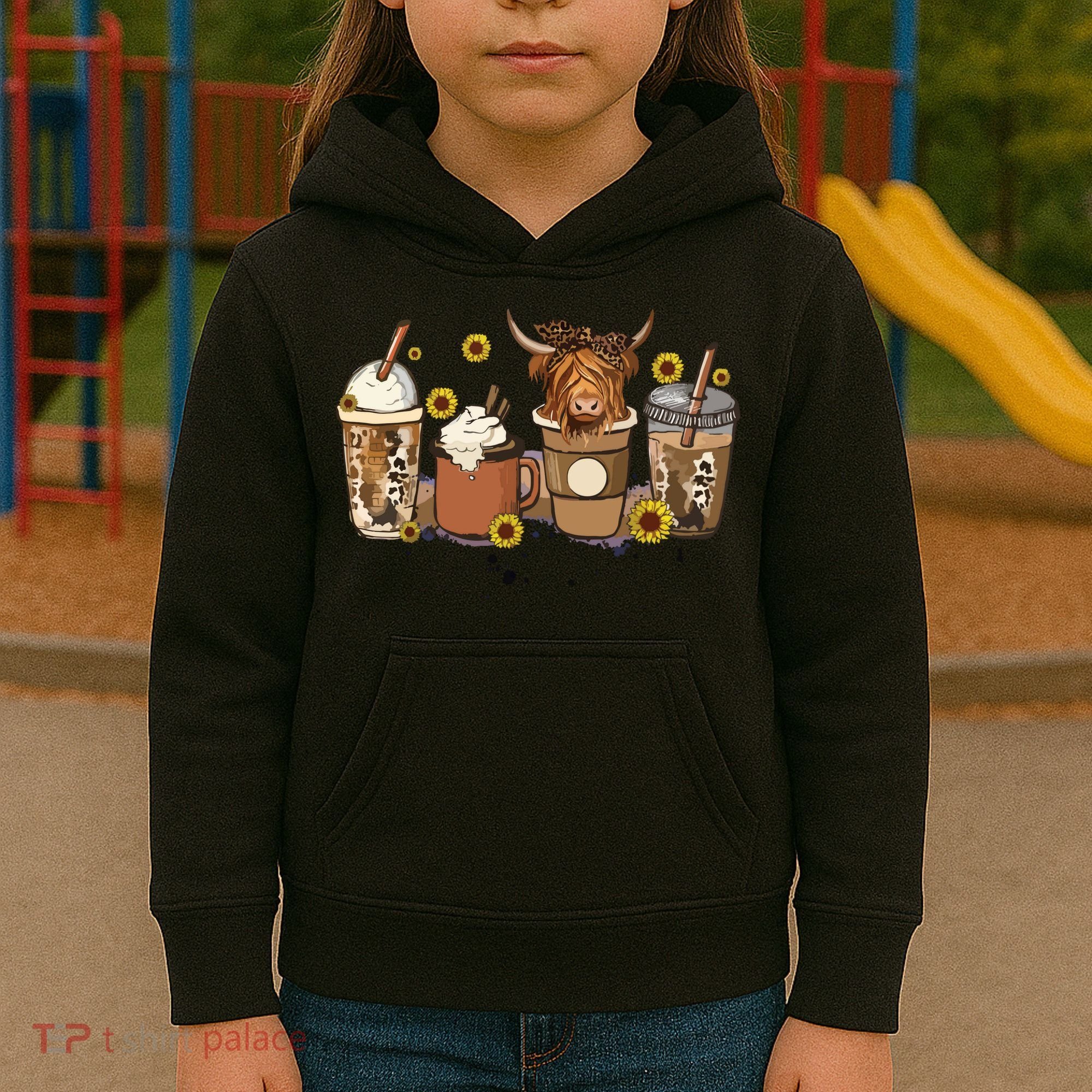 Scottish Highland Cow Sunflower Fall Vibes Coffee Lover Kids Hoodie