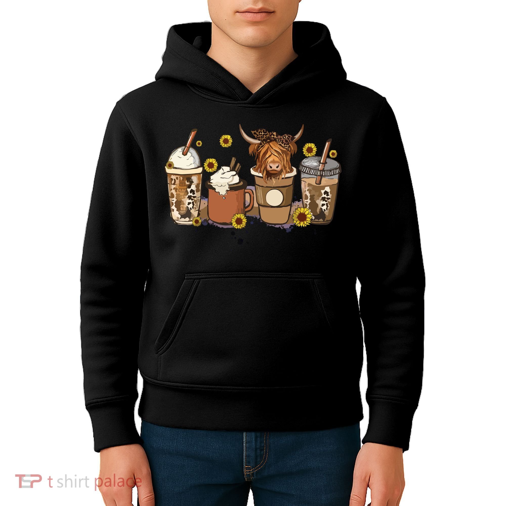 Scottish Highland Cow Sunflower Fall Vibes Coffee Lover Kids Hoodie