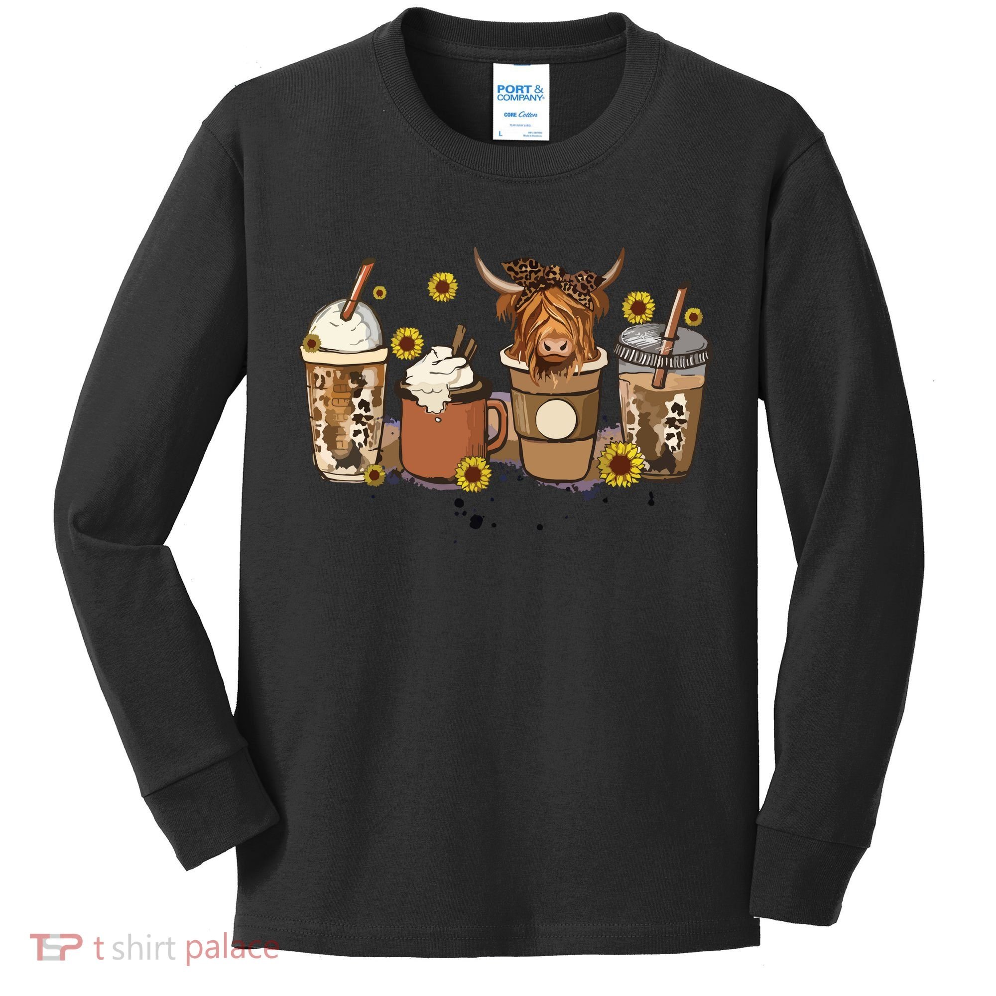 Scottish Highland Cow Sunflower Fall Vibes Coffee Lover Kids Long Sleeve Shirt