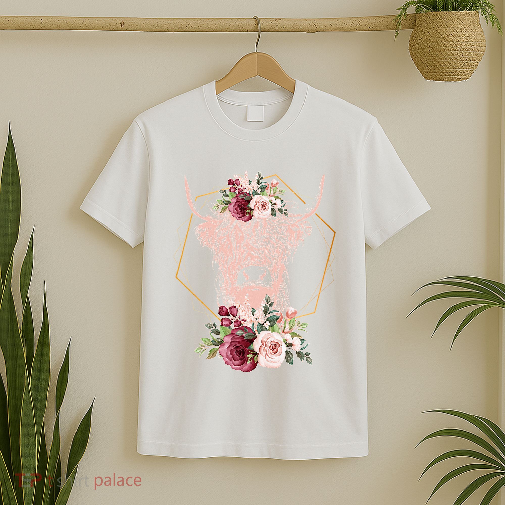 Scottish Highland Cow Cattle Hairy Cow Flowers Woman (1) T-Shirt